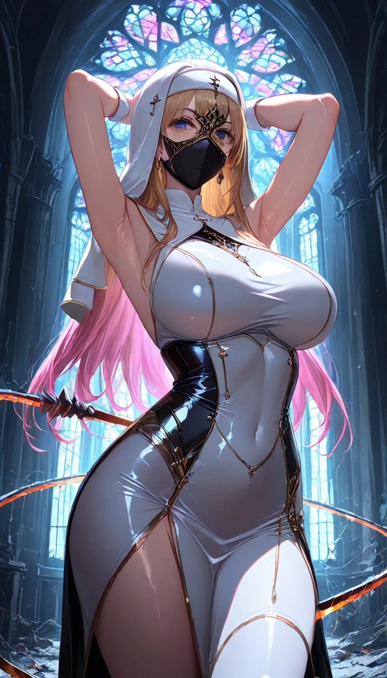 cool beauty, iridescent white shining glossy silky hair, lewd great body proportion, huge breasts, wearing (shiny copper plated color) smooth tight fit nun uniform, blind mask, mouth mask, hold a whip sword and raise it, armpit, abandoned church with cracked stained glass, professional and perfect composition, extremely delicate depiction, extremely clear image, various effects, bold and dynamic, contrasts of light and shadow, 2.5D, artistic photography, hyper realistic, ultra detailed, absolutely resolution, masterpiece