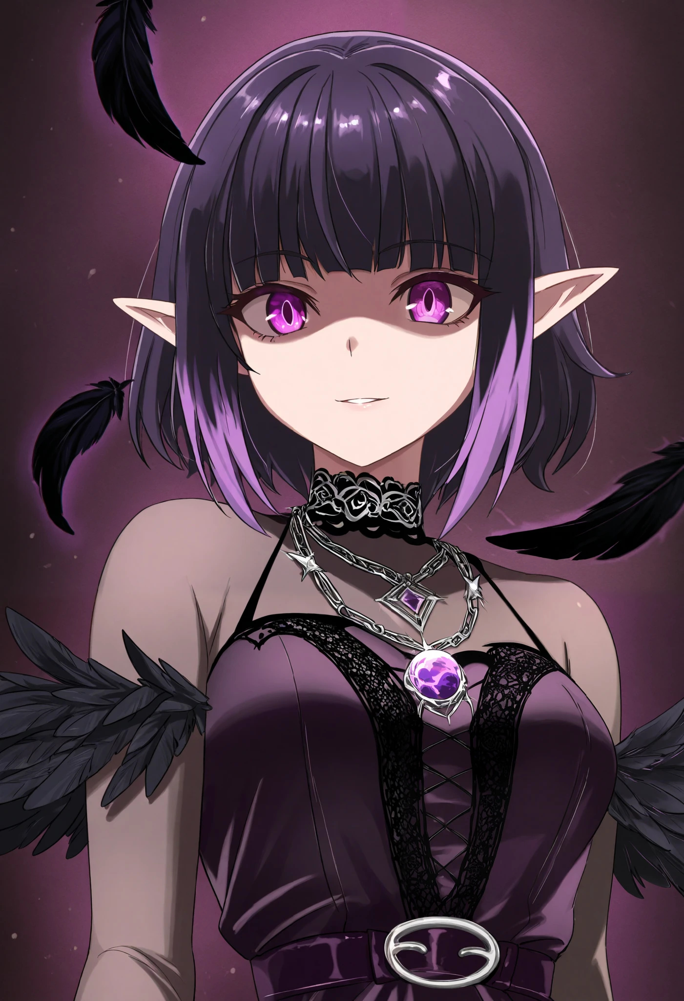 Anime girl with purple eyes and black hair wearing a purple dress ...