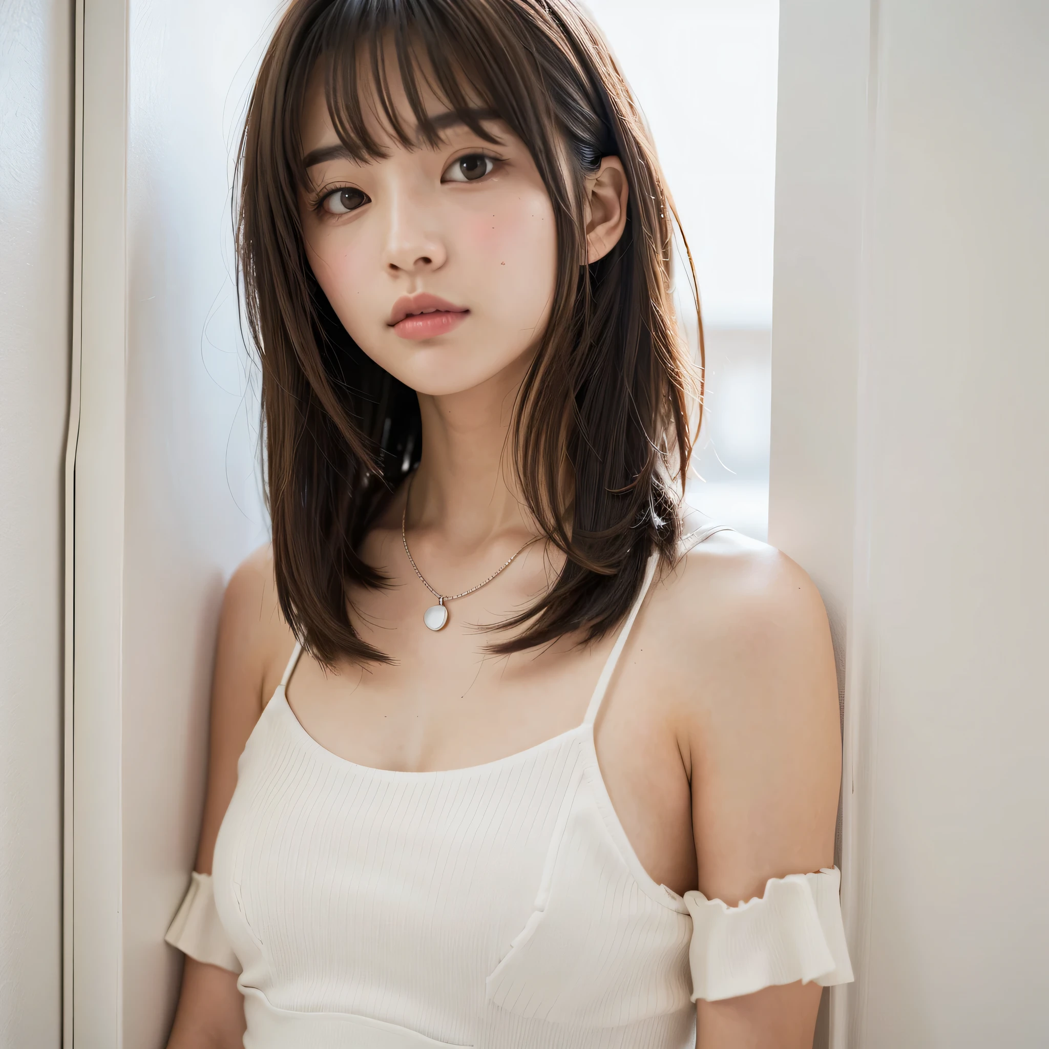  close up of a brown haired woman wearing a white shirt,  layered cut 、Above the chest - long hair ,   Medium length hair  , Curtain bang,  medium haired, with  short hair,  princess cut ,  Shoulder-length hair , 白 princess cut の髪型,   Korean symmetrical face  ,  short～ medium haired, Shoulder strap,   close up of neat hairstyle with bangs 、White wall、  in front of a white door 、(( White Wall Room with Windows))、Mister...々 Temporarily stop 、 simple necklace 、Don&#39;Don&#39;Don&#39;Don&#39; not looking at the camera 