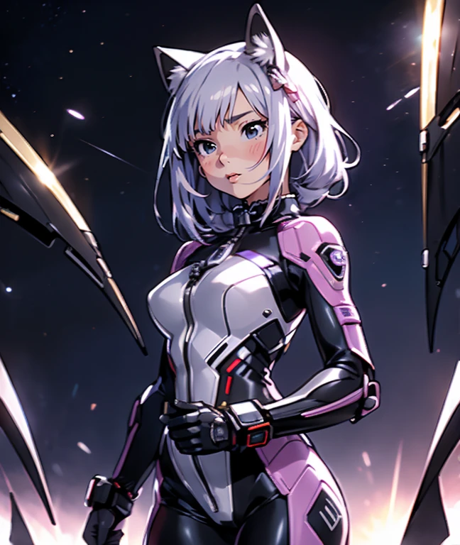 (master piece, best quality, ultra detailed, highres, 8k), The protagonist of a new special effects drama、Space Sheriff Jasmine、-yeld fee、only one girl, half side bun hair, shortcut hair, silver purple hair, slender, Headgear with cat ear antenna, Wearing a combat suit like Space Sheriff Gavan、Combat suits are protected by titanium、(The combat suit is very high-legs and very tight and hugs the body:1.2)、The suit is gold with black accents、She is removing her helmet、(medium breasts), (medium hips), (The suit has a feminine shape that makes the most of the curves)、(The shape of the breasts is clearly visible), The waist of the suit is tightly cinched  the private parts.、There is a zipper that runs from the vulva to the anus and can be opened when urinating or defecating.、The titanium protector is thick and divided into three parts: chest, abdomen, and waist.、Inspired by Robocop design、