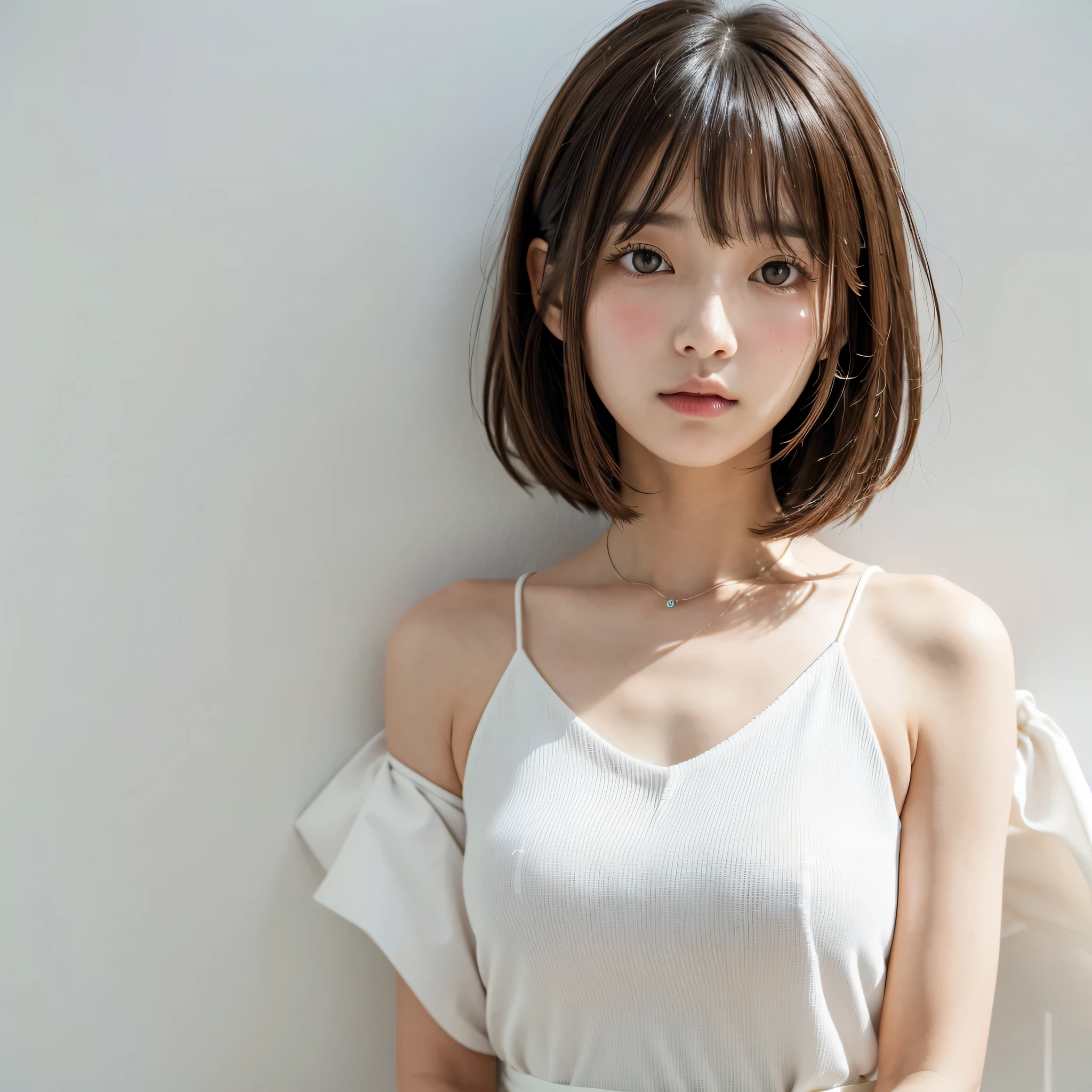  close up of a brown haired woman wearing a white shirt,  layered cut 、Above the chest - long hair ,   Medium length hair  , Curtain bang,  medium haired, with  short hair,  princess cut ,  Shoulder-length hair , 白 princess cut の髪型,   Korean symmetrical face  ,  short～ medium haired, Shoulder strap,   close up of neat hairstyle with bangs 、White wall、  in front of a white door 、(( White Wall Room with Windows))、Mister...々 Temporarily stop 、 simple necklace 、Don&#39;Don&#39;Don&#39;Don&#39; not looking at the camera 