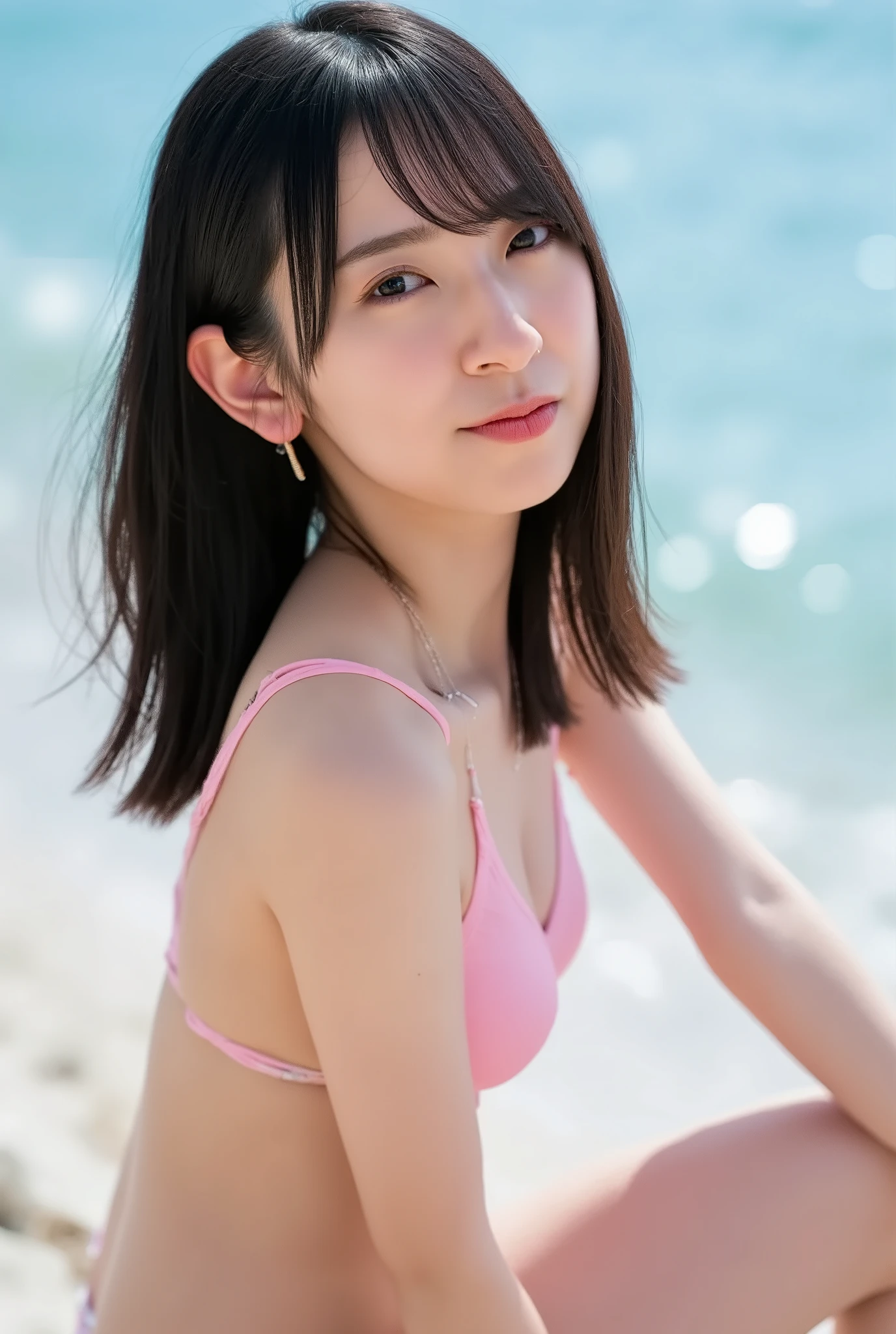 If NSFW : 1.2,  from below:1.4,Front focus:1.5,(8k RAW photo,Live Shooting,  top quality, masterpiece:1.37), Extreme light and shadow,  full body shot :1.5, Detailed clavicle,  thin due to small things necklace,  earrings,(( 1 girl)), Japanese Idol,(Alone), 3d,( look at the camera)), Perfect anatomy,break(( brown hair ),( long brown hair )),bangs:1.4,(( brown eyes)),( grins:0.5), ( happy :0.9),Big Breasts, clevis on a stone, underbust:1.6,( thin due to small things necklace,  earrings),( WEAR A CHERRY PINK MICRO BIKINI),(  White Micro Bikinis)),Majora:1.2, cameltoe:1.4,break( sitting, spread your legs),break (Bali Beach,  the shining sun , Blue Sea, Baiyun)