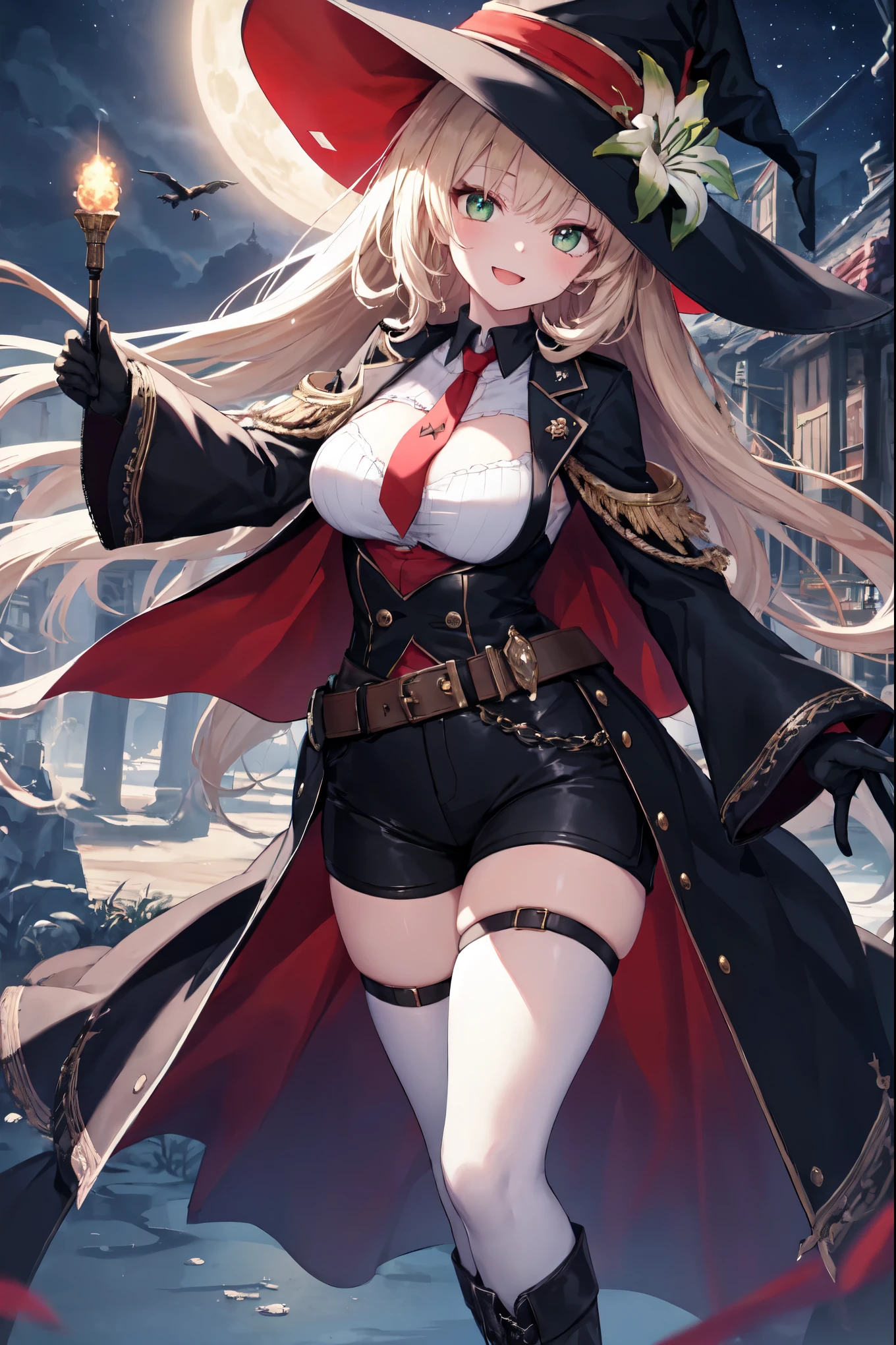 score_9, score_8_up, score_7_up, source_anime, (masterpiece), best quality, expressive eyes, perfect eyes, perfect face, oni girl, oni horns, red eyes, soft lips, long hair, very long hair, wide hips, (white hair:1.2), (white eyebrows:1), (white eyelashes:1), medium breasts:0.5, higuchi madoka, big breasts:0.3, full body, standing, background: City, marine_pirate, hair ribbon, red ascot, red skirt, belt, leotard under clothes, black leotard, black thighhighs, black coat, pirate hat,
