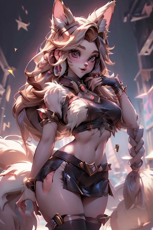 digital art, 1girl, animal ears, breasts, blonde hair, fox ears, ahri (league of legends), one eye closed, whisker markings, cleavage, tongue, solo, choker, long hair, tongue out, teeth, realistic, looking at viewer, black choker, facial mark, large breasts, smile, upper body, k/da (league of legends), bangs, selfie, animal ear fluff, open mouth, lips, nose, intricate, highly detailed, professional, hard light, trending of artstation, realistic, beautiful, HD, 8K, master price, best quality