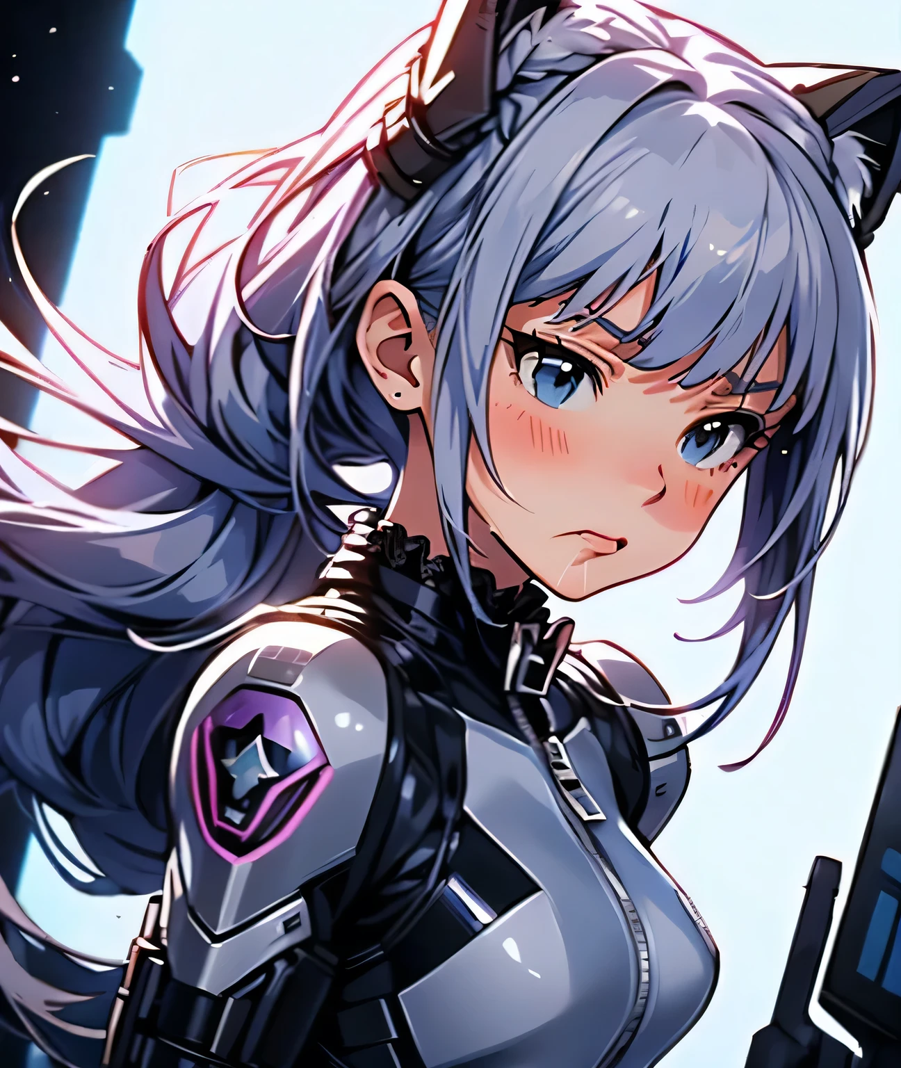 (master piece, best quality, ultra detailed, highres, 8k), The protagonist of a new special effects drama、Space Sheriff Jasmine、**-****-*** female、only one girl, half side bun hair, shortcut hair, silver purple hair, slender, Metal headgear with cat ear antenna, Wearing a combat suit like Space Sheriff Gavan、Combat suits are protected by titanium、(The combat suit is very high-legs and very tight and hugs the body:1.2)、The suit is gold with black accents、She is removing her helmet、(medium breasts), (medium hips), (The suit has a feminine shape that makes the most of the curves)、(The shape of the breasts is clearly visible), The waist of the suit is tightly cinched  the private parts.、There is a zipper that runs from the vulva to the anus and can be opened when urinating or defecating.、The titanium protector is thick and divided into three parts: chest, abdomen, and waist.、Inspired by Robocop design、