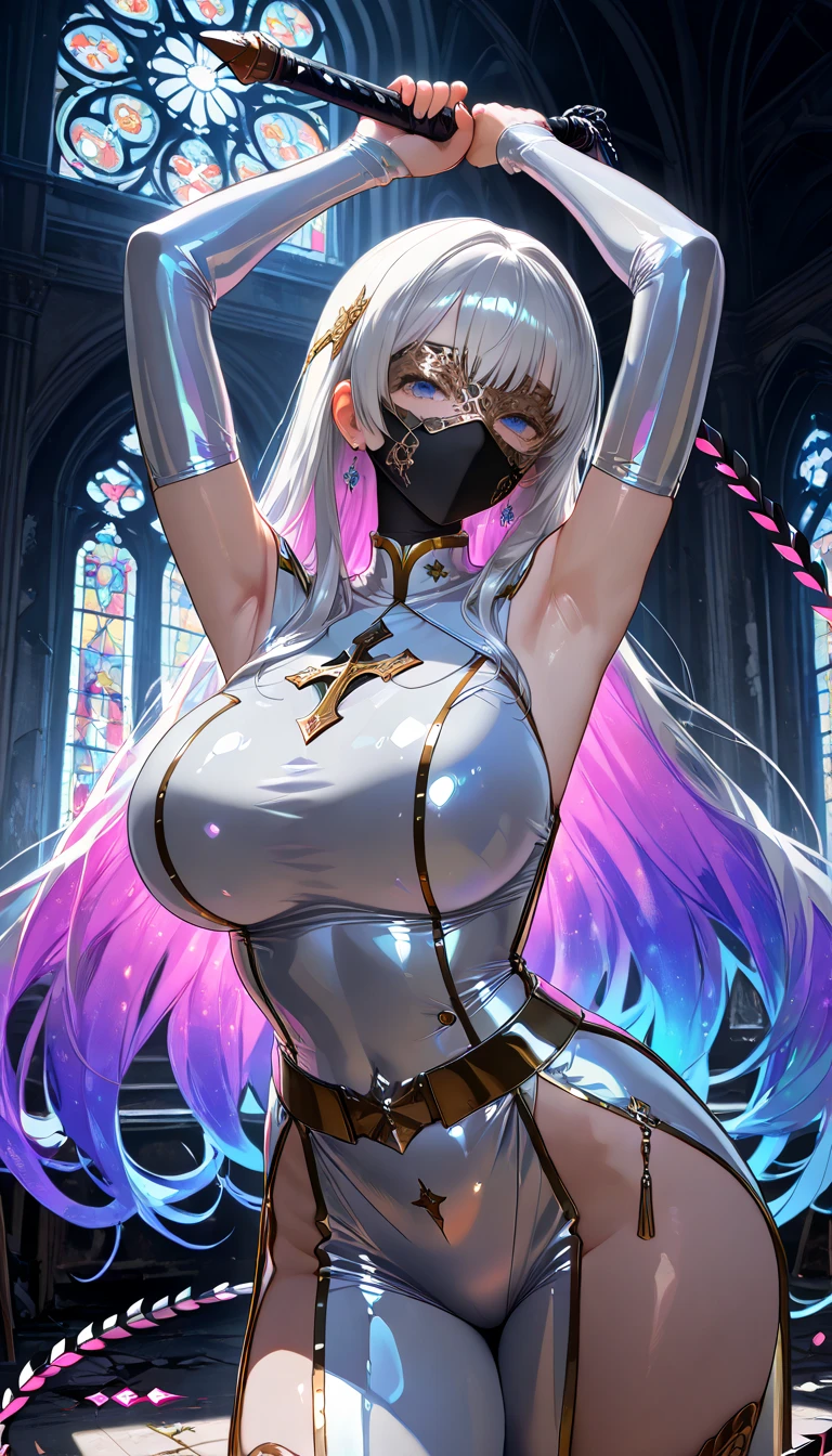 cool beauty, iridescent white shining glossy silky hair, lewd great body proportion, huge breasts, wearing (shiny copper plated color) smooth tight fit priest uniform, blind mask, mouth mask, hold a whip sword and raise it, armpit, abandoned church with cracked stained glass, professional and perfect composition, extremely delicate depiction, extremely clear image, various effects, bold and dynamic, contrasts of light and shadow, 2.5D, artistic photography, hyper realistic, ultra detailed, absolutely resolution, masterpiece