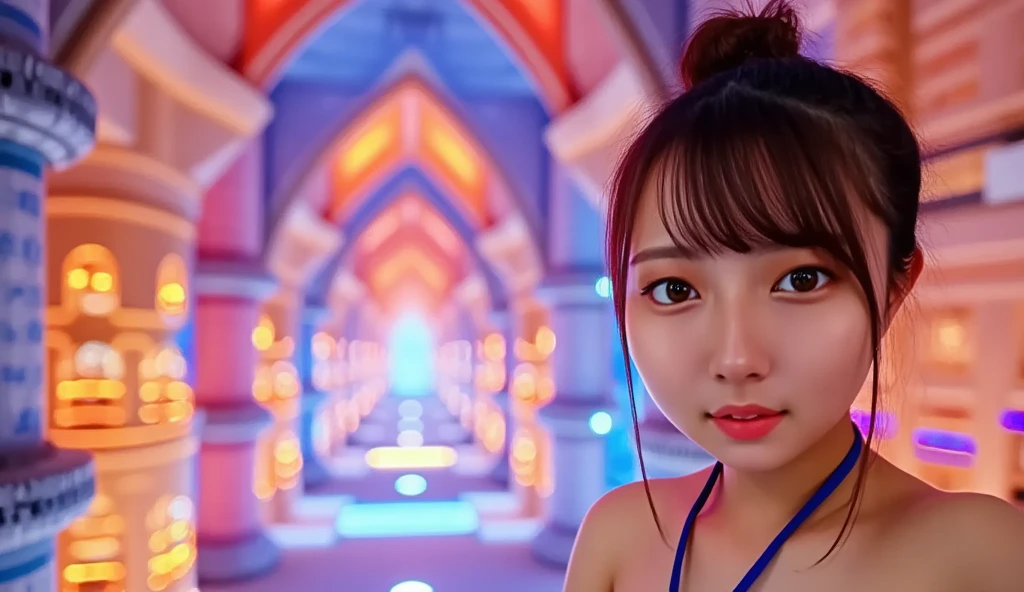 a fantasy endless colorful abstract corridor, intricate winding pathways, never ending path, corridor going to infinity, glowing multicolored lights, ethereal landscape, mesmerizing architecture, ornate details, 1girl, beautiful detailed eyes, beautiful detailed lips, extremely detailed eyes and face, long eyelashes, elegant colorful fantasy dress, making selfie with endless corridor in background, she stand on right side of frame, dramatic lighting, cinematic atmosphere, dreamlike environment, vibrant colors, highly detailed, photorealistic, 8k, award winning digital art, mad-nbla, Anie, Selfie, (SFW)