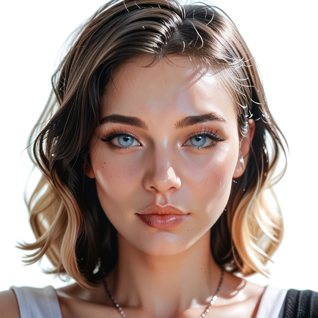 portrait of a beautiful sexy young women, facing
camera, entire face and hair, white background, closed mouth with large
lips, 22 years old, blue eyes, black color blonde hair, light makeup, perfect skin,
studio lighting, photorealistic, 4K
