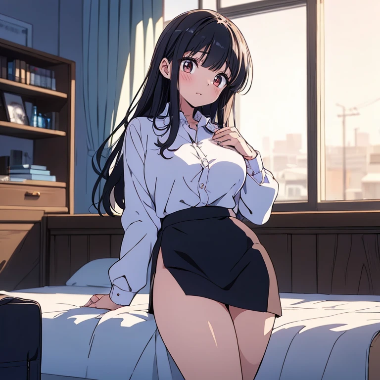 1girl, mature woman, worried eyes, half close eyes, brown eyes, black hair, long hair, twisted half up, red hair ribbon, light pink long sleeve shirt, medium breasts, covering her chest, bottomless, white panties, butt, behind her back, blushing, looking at the viewer,splayed legs, sit on bed , night, bedroom, cowboyshot angle from behind her back