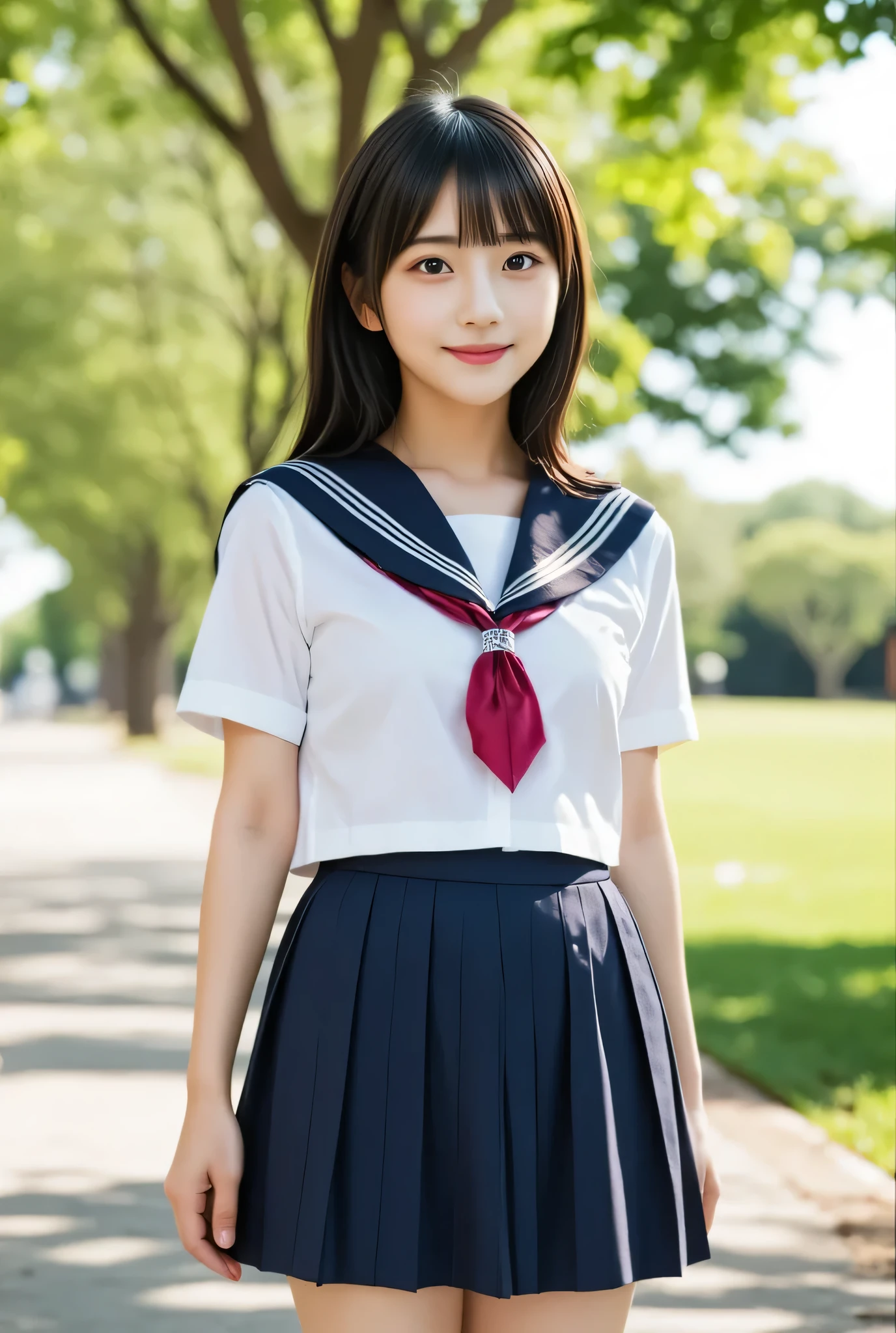 (8k、 Original Pictures 、 top quality、Masterpiece:1.2)、( realistic、 realistic :1.37)、 Super detailed with flowers on hair 、 Ultra Fine、 1 girl、 high school girl, 、( beautiful girl , baby fuper cute idol-like face in beautiful green nature :1.2), ( wearing a dark blue pleated skirt at the park )、( short hair :1.2)、 black hair 、With bangs, Japanese high school student uniform、(( sailor suit , Amidst beautiful green nature))、 Carry a backpack to school,