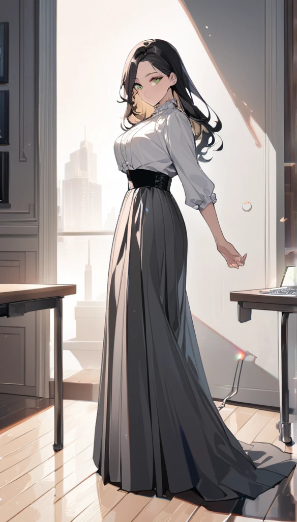 "office lady sitting at a desk, height 163cm, business chic, victorian blouse, slender 63cm waist, full 93cm hips, shapely legs, clear fair skin (RGB: 255, 233, 209), oval face with soft features, almond-shaped eyes (light green) with double eyelids, straight nose, full lips with natural pink color (RGB: 222, 165, 1) in a professional smile, long black hair, subtle makeup suitable for office with focus on eyes and neutral lip color, wearing a crisp white victorian blouse and a victorin waist corset, dark gray victorian long lenght maxi skirt, long skirt without openings, 5inch louboutin high heels, full body, from side, portrait style with a touch of glamour, shot with Sony A1 mirrorless camera, 85mm f/1.4 GM lens, ISO 200, 1/160 sec, 50MP resolution, focus on professional appearance --ar 2:3 --q 2 --s 850 --v 6.0 --style raw"