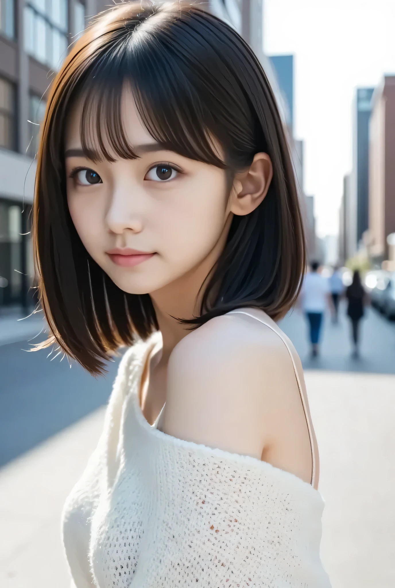 (nsfw:1.5), (Masterpiece,   top quality:1.2),  a Japanese girl , Alone, 18 years old,  sexy,(( a very cute face like a popular idol )),  beautiful model 、  Sex toy on small chest ,   black hair,  (   a white off-the-shoulder sweater in the middle of the city,   gray skirt in the middle of the city) 、 The background is a beautiful night view、  upper body