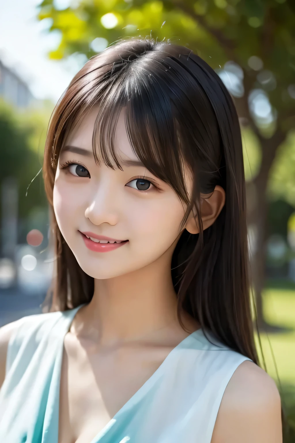 Masterpiece,   top quality,   realism,   more details,    details,    high definition in Buruma  , 8k wallpaper,   Japanese girl who can see into the distance, 18 years old, (  very cute idol-like face), smile,  beautiful slim figure ,　 Neat, beautiful and well-groomed model  ,    outdoor exposure  ,    beautiful eyes in every detail   ,  ( Teal Eyelids),   natural lips,   Sex toy on small chest ,   white sleeveless blouse, 