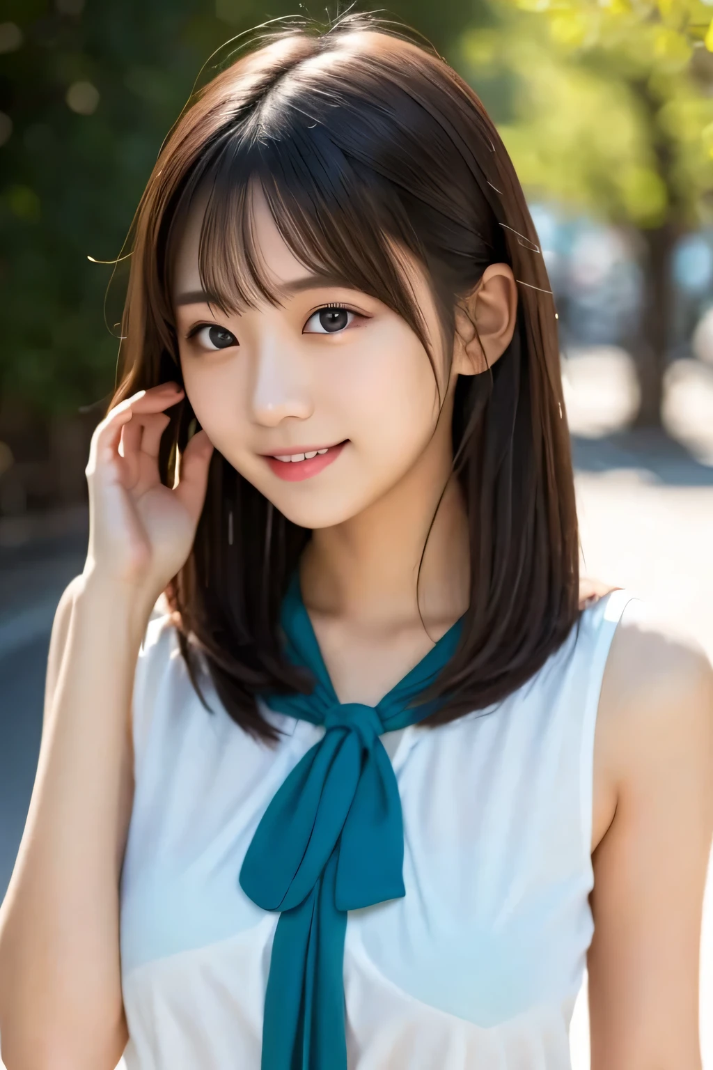 Masterpiece,   top quality,   realism,   more details,    details,    high definition in Buruma  , 8k wallpaper,   Japanese girl who can see into the distance, 18 years old, (  very cute idol-like face), smile,  beautiful slim figure ,　 Neat, beautiful and well-groomed model  ,    outdoor exposure  ,    beautiful eyes in every detail   ,  ( Teal Eyelids),   natural lips,   Sex toy on small chest ,   white sleeveless blouse, 