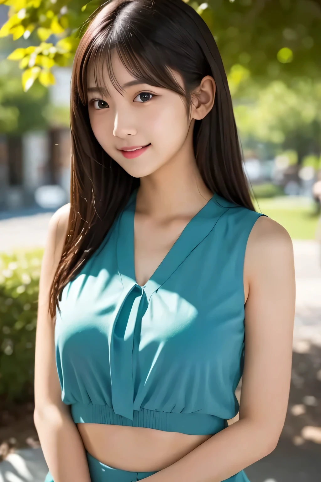 Masterpiece,   top quality,   realism,   more details,    details,    high definition in Buruma  , 8k wallpaper,   Japanese girl who can see into the distance, 18 years old, (  very cute idol-like face), smile,  beautiful slim figure ,　 Neat, beautiful and well-groomed model  ,    outdoor exposure  ,    beautiful eyes in every detail   ,  ( Teal Eyelids),   natural lips,   Sex toy on small chest ,   white sleeveless blouse, 