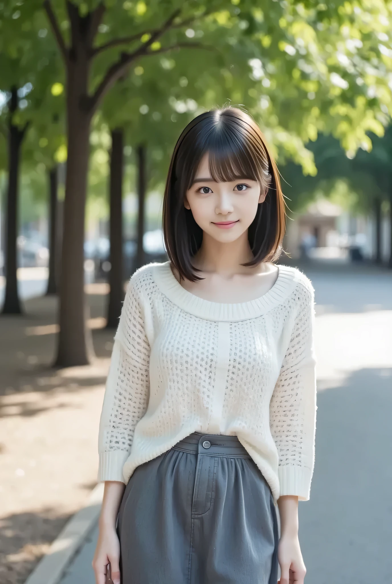 ( Masterpiece , top quality:1.2), 1 girl , Alone, very cute face , beauty, outdoor exposure 、 medium straight hair , ( off shoulder sweater, gray skirt in the middle of the city), beautiful park in the background 、