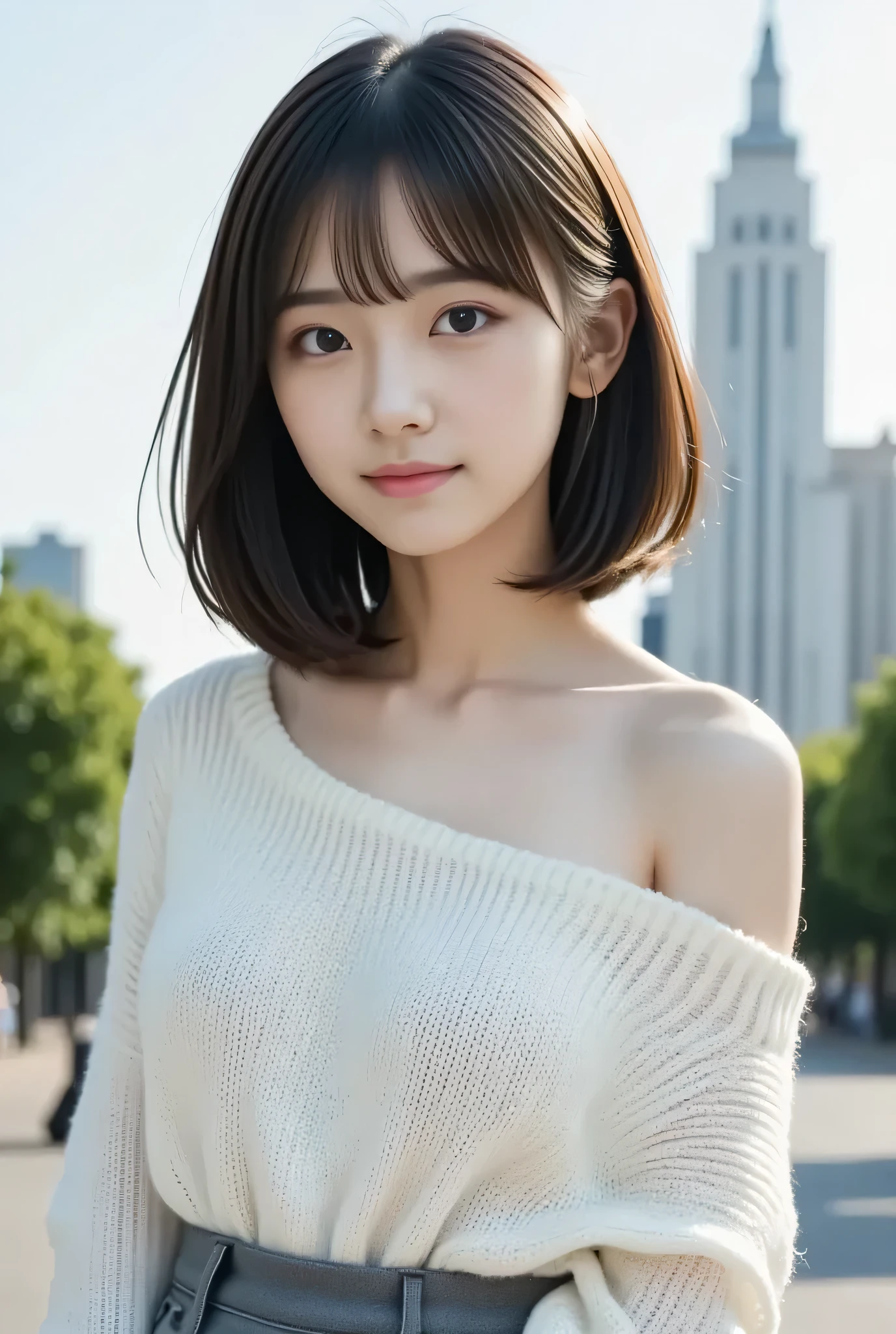 ( Masterpiece , top quality:1.2), 1 girl , Alone, very cute face , beauty, outdoor exposure 、 medium straight hair , ( off shoulder sweater, gray skirt in the middle of the city), beautiful park in the background 、