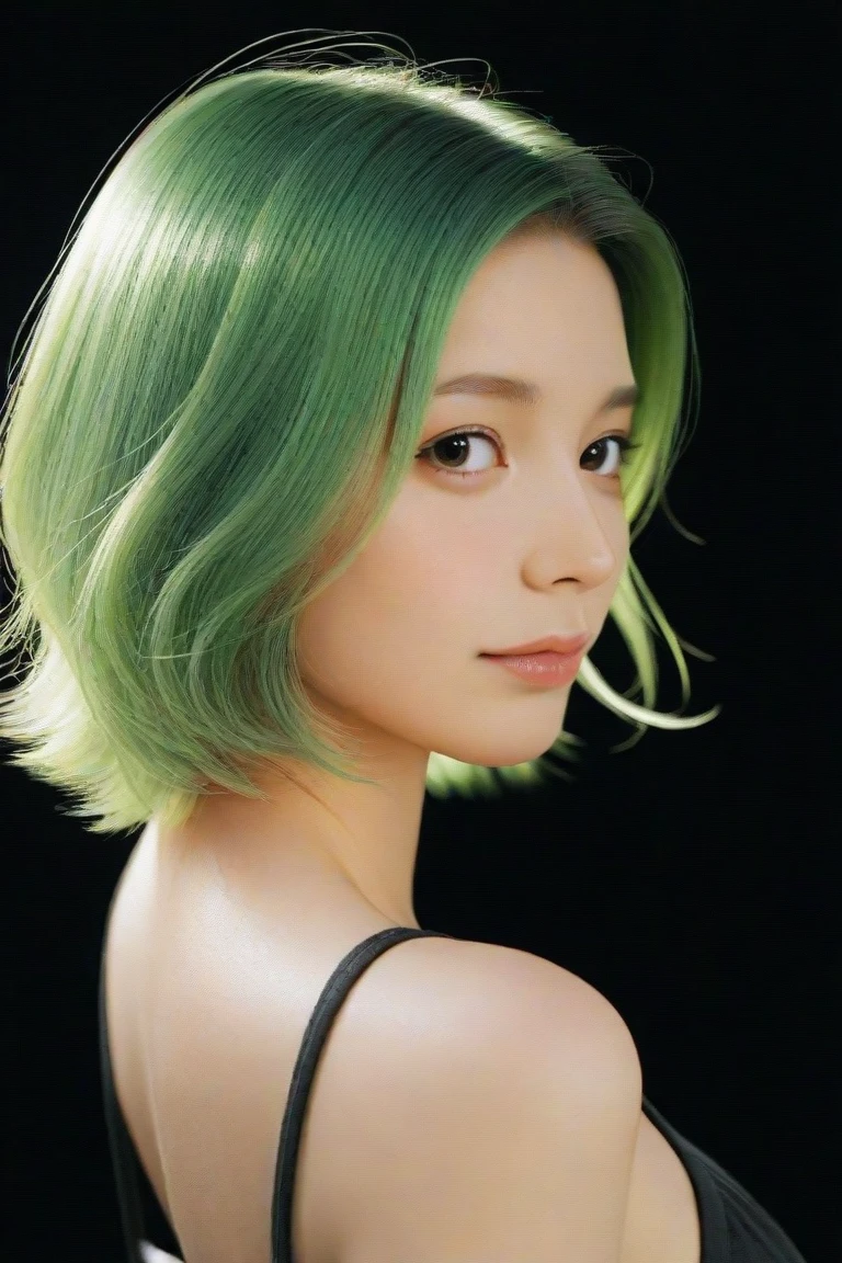 A Japanese girl with green hair, real black background, realistic, realism,high-quality, shot on sony a7iv 35mm 1.8 lens 