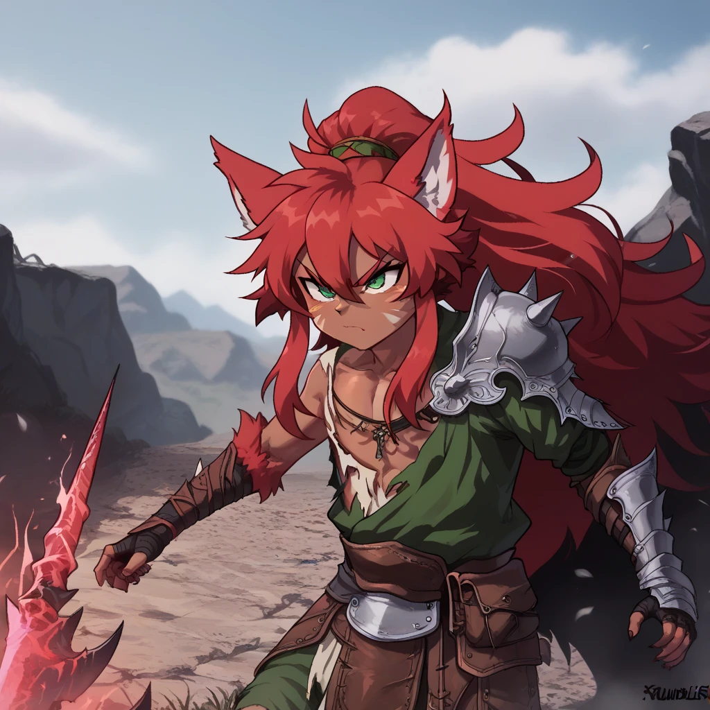 Young boy Kemono elf half beast, Your hair and fur are red,  fighting in the middle of a plain,  her clothes are torn and her armor in pieces ,  her expression is fierce and her eyes are serious ,  in her left hand she holds an impressive spear with a long blue fabric that wraps around it,  her other hand is in a claw shape ,  her red hair wobbles in the wind ,  dark skin under the red fur , deep green eyes , iris feral,  animal ears , wolf ears,  body hair , Alone,  Battlefield,  magic and shadows in the background ,  long hair , by the bodies, Alone, 1 man. humanoid face.