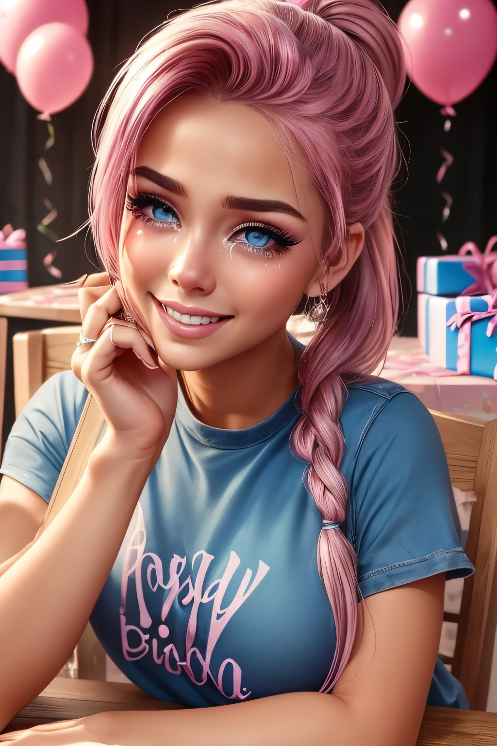 (best quality, masterpiece), 1girl, beautiful girl, blue_eyes, ((hair color [pink hair], [Ponytail] hair)), (Jeans), Tshirt, realistic, narrow waist, charming, Black makeup, Smoky eye shadow, Dark Eyeliner. long eyelashes, (tanned skin), (cute), (detailed face), detailed eyes, detailed iris, (At Birthday Party), ((Presents on Table)), party decorations, ((masscara tears)), Makeup running, ((Happy Tears)), Smiling, Laughing, (Tears streaming down cheeks) (showing ring on finger)