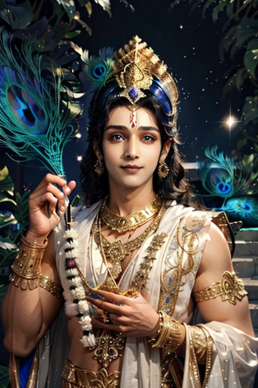 Krishna , blue skin tone, loving man , beautiful glitter eyes , blue skin tone , smiling , divine nature, god, holding musical instrument flute (bsansuree) in hands, javing peacock feathers on head.