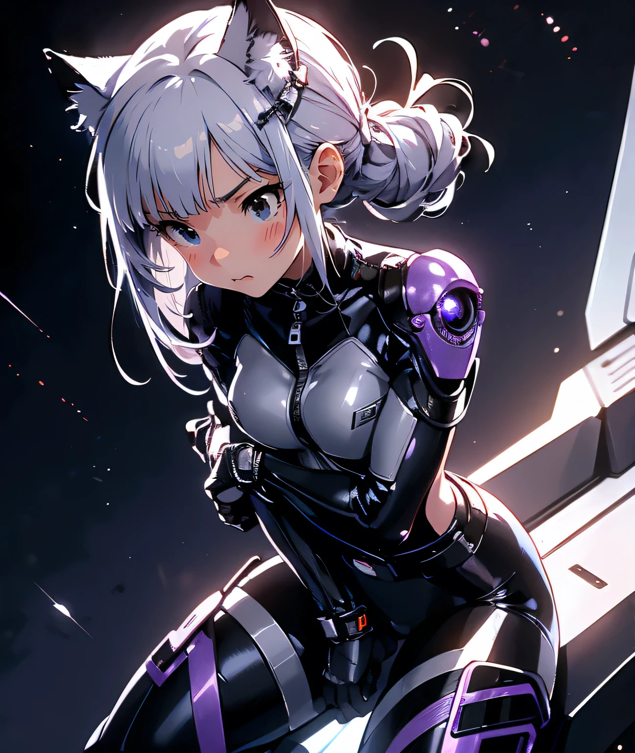 (master piece, best quality, ultra detailed, highres, 8k), The protagonist of a new special effects drama、Space Sheriff Jasmine、-yeld fee、only one girl, half side bun hair, shortcut hair, silver purple hair, slender, Metal headgear with cat ear antenna, Wearing a combat suit like Space Sheriff Gavan、Combat suits are protected by titanium、(The combat suit is very high-legs and very tight and hugs the body:1.2)、The suit is gold with black accents、She is removing her helmet、(medium breasts), (medium hips), (The suit has a feminine shape that makes the most of the curves)、(The shape of the breasts is clearly visible), The waist of the suit is tightly cinched  the private parts.、There is a zipper that runs from the vulva to the anus and can be opened when urinating or defecating.、The titanium protector is thick and divided into three parts: chest, abdomen, and waist.、Inspired by Robocop design、