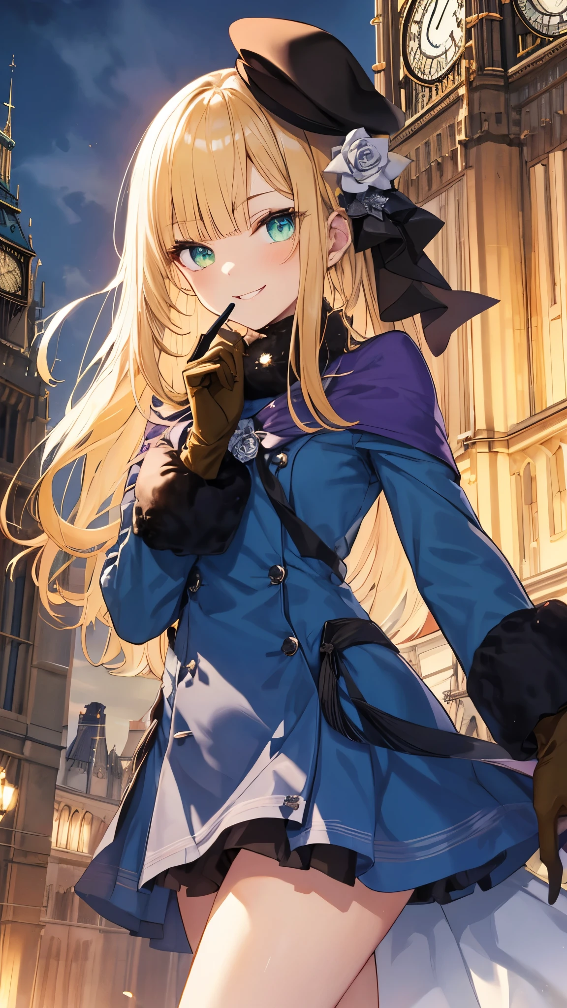 All body,1girl,solo,reines, yellow hair, (green eyes), long hair, bangs, blunt bangs,
beret, black headwear, black ribbon,(blue dress,pencil skirt), brown gloves, dress, flower, fur collar, fur trim, fur-trimmed sleeves, gloves,smile, hair flower, hair ornament, hair ribbon, hat, long sleeves, ribbon, rose, tilted headwear, white flower, white rose,(westminster,Big Ben),Clock Tower,from below,masterpiece,Noise Reduction,perfect anatomy,high resolution, ultra-detailed, ultra-detailed face,game cg,dutch angle ,beautiful detailed eyes,visualart,five fingers, perfect hands, perfect lighting, sparkling pupils,
