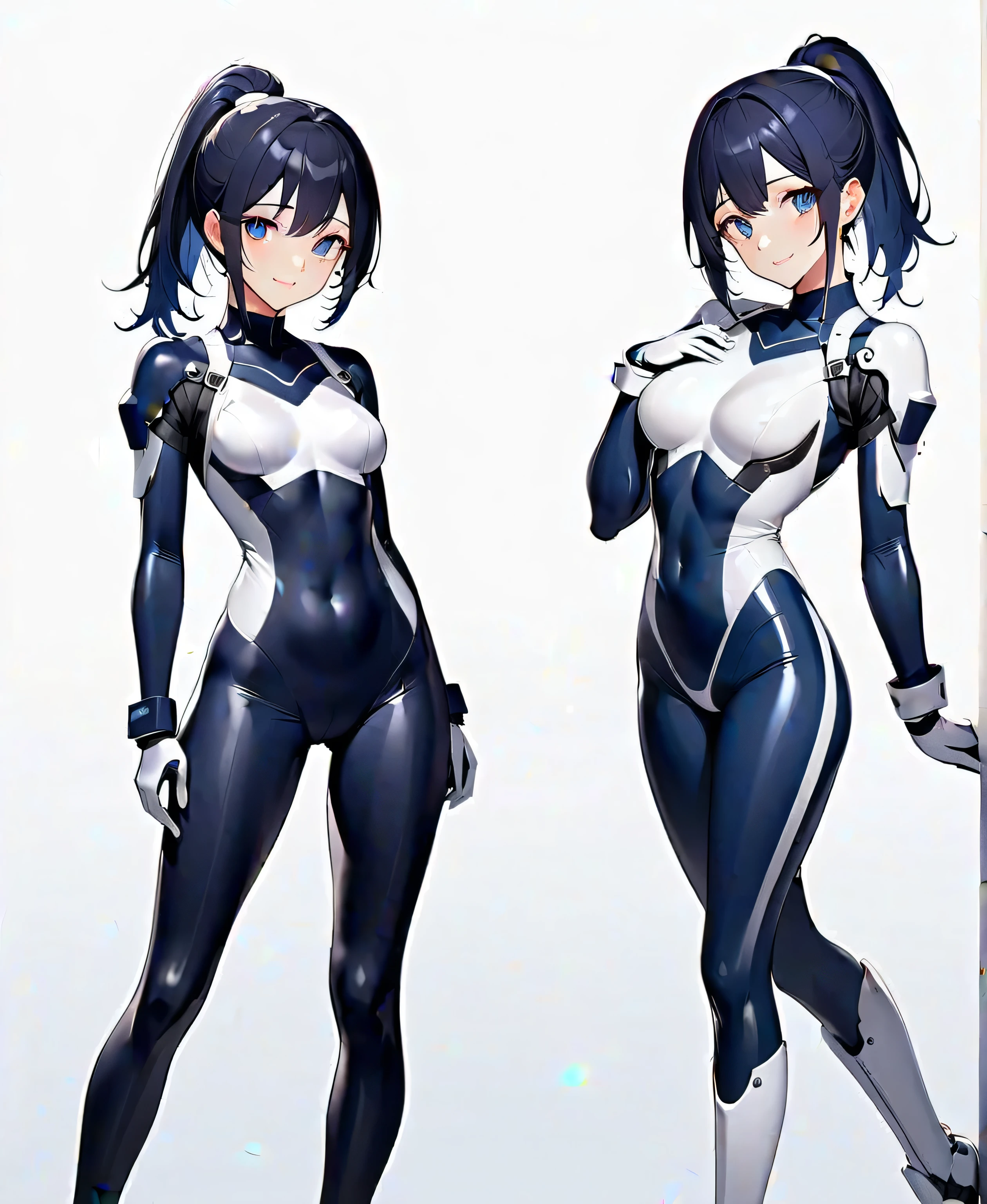 (full body) (same character front, back, side view) (model sheet) (multiple views of the same character), beautiful eyes, anime woman, perfect anatomy, delicate face, short brown hair, skin very white, wearing robotic futuristic technological black suit with energy circles on shoulders with blue led lines
