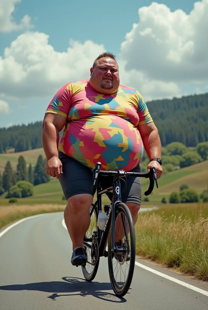 Masterpiece, highres, (1 boy, fat, 37yo, Asian), messy hair, goatee, cycling uniform, using a  bicycle, speed, , effort face, sweaty, road, trees, valley, surrounded by cyclists, sunny, no mustache, no beard