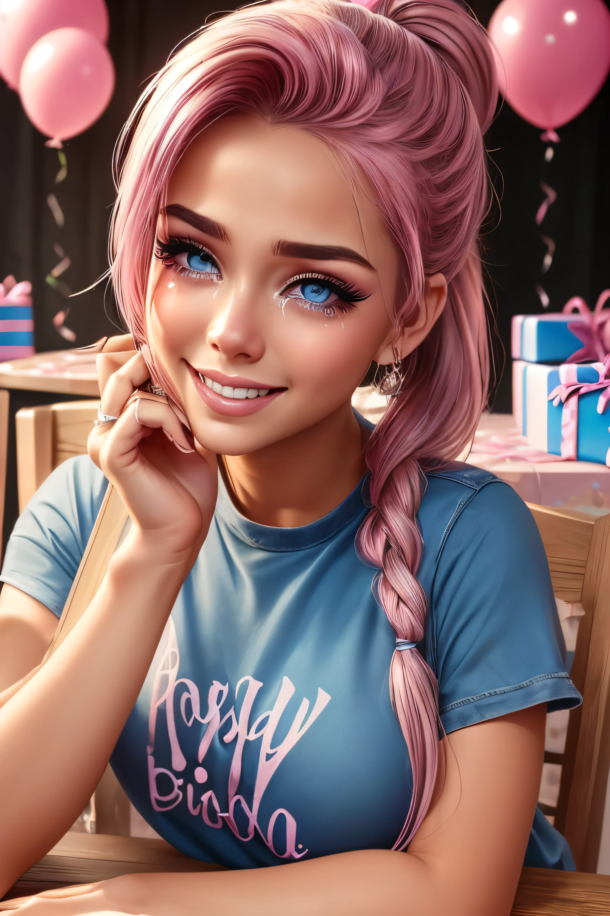 (best quality, masterpiece), 1girl, beautiful girl, blue_eyes, ((hair color [pink hair], [Ponytail] hair)), (Jeans), Tshirt, realistic, narrow waist, charming, Black makeup, Smoky eye shadow, Dark Eyeliner. long eyelashes, (tanned skin), (cute), (detailed face), detailed eyes, detailed iris, (At Birthday Party), ((Presents on Table)), party decorations, ((masscara tears)), Makeup running, ((Happy Tears)), Smiling, Laughing, (Tears streaming down cheeks) (showing ring on finger)