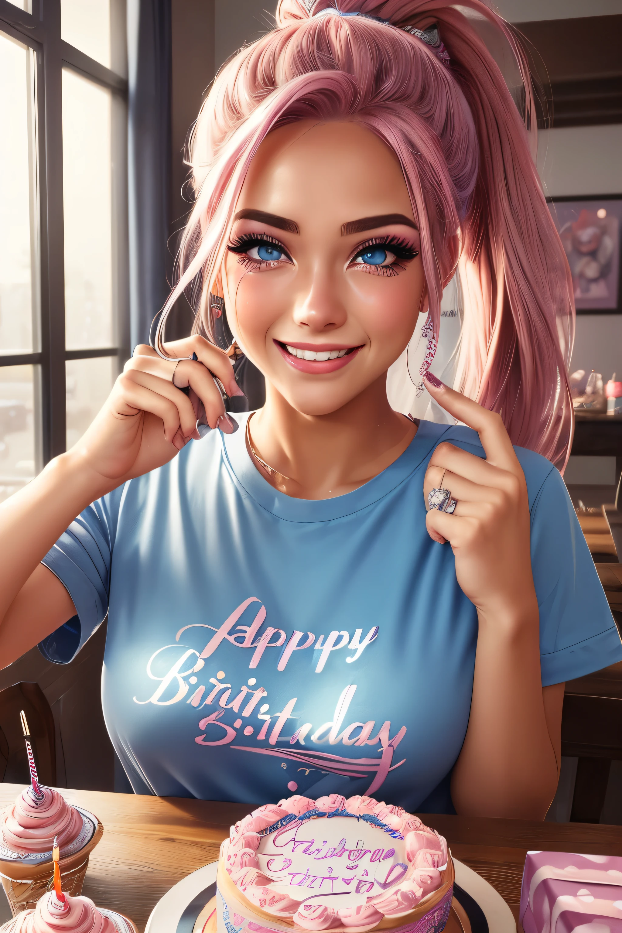 (best quality, masterpiece), 1girl, beautiful girl, blue_eyes, ((hair color [pink hair], [Ponytail] hair)), (Jeans), Tshirt, realistic, narrow waist, charming, Black makeup, Smoky eye shadow, Dark Eyeliner. long eyelashes, (tanned skin), (cute), (detailed face), detailed eyes, detailed iris, (At Birthday Party), ((Presents on Table)), party decorations, ((masscara tears)), Makeup running, ((Happy Tears)), Smiling, Laughing, (Tears streaming down cheeks) (showing ring on finger)