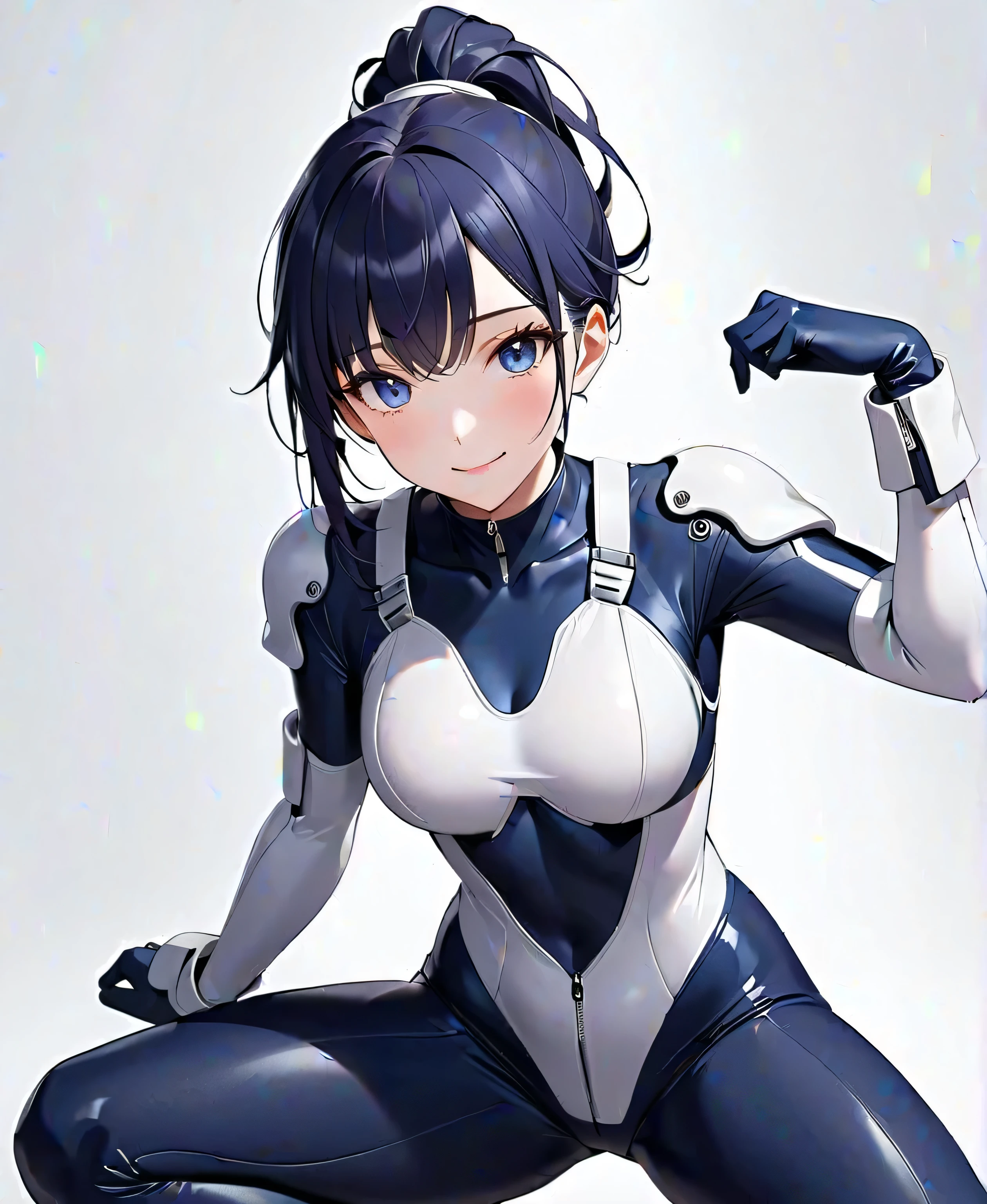 BREAK、(masterpiece、Highest quality、Highest Resolution、Clear_image、Detailed details): (The whole body of a person with Japanese features、High knot ponytail、cute、Dark blue hair girl、（Perfect body：1.4）、Sparkling blue eyes、(White and navy tight-fitting shiny pilot suit)、Very delicate and beautiful、Slim Body、Exoskeleton、cute系、Happy smile、Soft expression、heroine、White and navy blue long boots、Elbow-length gloves、headset、(kneeling pose))、BREAK、BREAK、(Simple Background、White background:1.6)