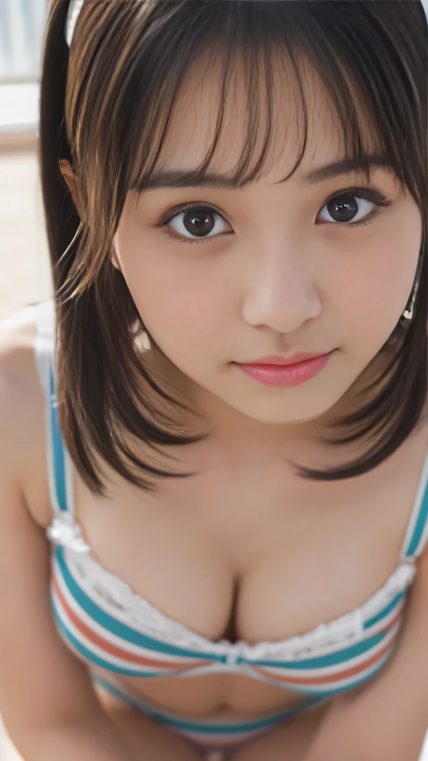 Masterpiece、 beautiful eyes, ( symmetrical eyes:1.3),Very complex、
( A Masterpiece That Will Dispel the Crowd , Top Quality , very detailed , detailed face , 8k),,( 、bangs、 tousled hair、 Innocent and Funny Expressions 、A perfect smile、 、(Junior histed )、 hair accessories 、classroom、Hidden Camera)( Extremely Aggressive ,, )( Full Body Portrait 、) ( absurd、 striped underwear ) Sharp Concentration 、 high definition in Buruma 、Front View、 bra and panties 、 Clear Images