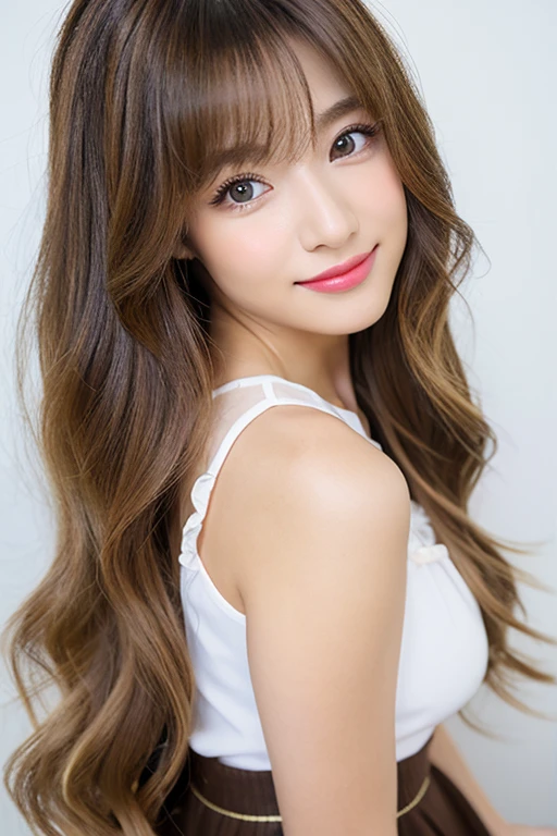 Realistic:1.2,(masterpiece,Highest quality)，,((一人のwoman:1.2)),20-year-old,Tight waist,Big Hips,Perfect Anatomy, Brown Hair, Wavy Hair,Random Hairstyles,Big beautiful breasts,((Highly detailed face and eyes))(Cute face:1.4)，Beautiful actress face，Perfect golden ratio face，Random sexy poses，smile、woman&#39;Suitini Skirt、garter belt、Accentuate your butt