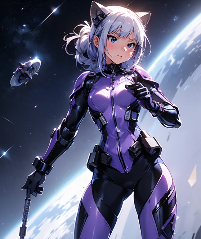 (master piece, best quality, ultra detailed, highres, 8k), The protagonist of a new special effects drama、Space Sheriff Jasmine、17-year-old female、only one girl, half side bun hair, shortcut hair, silver purple hair, slender, Metal headgear with cat ear antenna, Wearing a combat suit like Space Sheriff Gavan、Combat suits are protected by titanium、(The combat suit is very high-legs and very tight and hugs the body:1.2)、The suit is gold with black accents、She is removing her helmet、(medium breasts), (medium hips), (The suit has a feminine shape that makes the most of the curves)、(The shape of the breasts is clearly visible), The waist of the suit is tightly cinched  the private parts.、There is a zipper that runs from the vulva to the anus and can be opened when urinating or defecating.、The titanium protector is thick and divided into three parts: chest, abdomen, and waist.、Inspired by Robocop design, dynamic pose:1.5