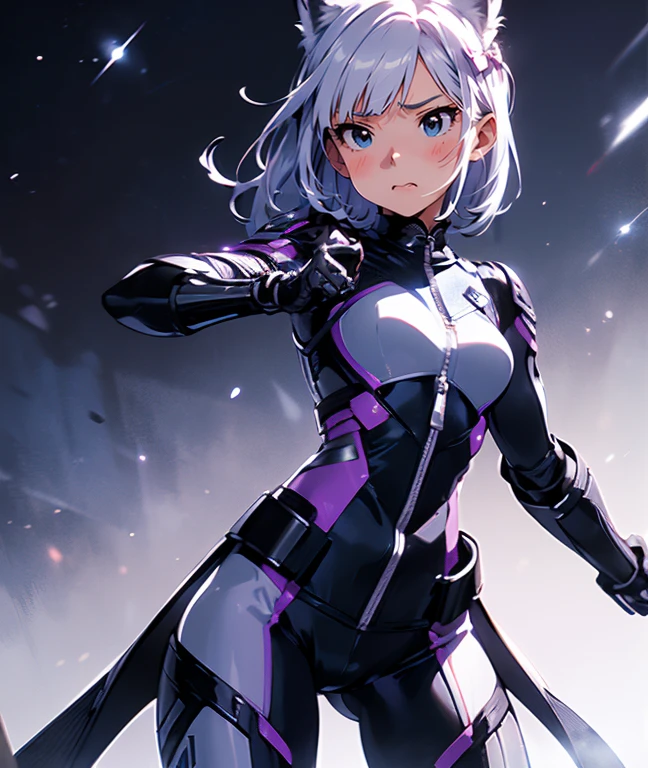 (master piece, best quality, ultra detailed, highres, 8k), The protagonist of a new special effects drama、Space Sheriff Jasmine、**-****-*** female、only one girl, half side bun hair, shortcut hair, silver purple hair, slender, Metal headgear with cat ear antenna, Wearing a combat suit like Space Sheriff Gavan、Combat suits are protected by titanium、(The combat suit is very high-legs and very tight and hugs the body:1.2)、The suit is gold with black accents、She is removing her helmet、(medium breasts), (medium hips), (The suit has a feminine shape that makes the most of the curves)、(The shape of the breasts is clearly visible), The waist of the suit is tightly cinched  the private parts.、There is a zipper that runs from the vulva to the anus and can be opened when urinating or defecating.、The titanium protector is thick and divided into three parts: chest, abdomen, and waist.、Inspired by Robocop design, dynamic pose:1.5