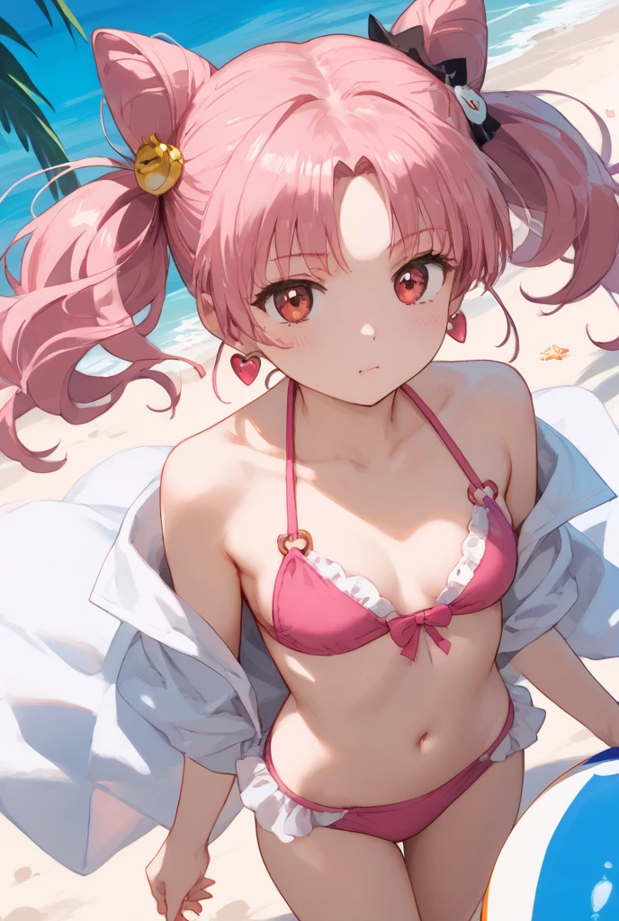 Source_9_up, source_8_up, source_7_up,, source_anime, ((masterpiece)), (best quality), (ultra-detailed), chibiusa tsukino,pink hair, twintails, cone hair bun, double bun, red eyes, earrings, hair ornament , bikini, pink bikini, beach, solo.