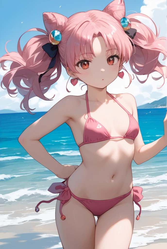 (Perfect body),Best Quality,(8K Portrait),(Official art)、((NSFW))、((((Lori))))、((((Short stature))))、embarrassed from、1girl in,((((:D))))、((Wavy mouth))、Surprised、One eye is closed、(blush),(Sweat),(((flat chest)))、(thick thighs)、(big butts)、Pink hair、((Short hair))、((Wavy Hair))、White Cat Mimi、Light blue striped bikini、Pink tie、((Feline Pose))、Cat gloves、 White knee socks、(yellow  eyes)、Cowboy Shot、the beach、((spreading legs))、((Lying on the beach))