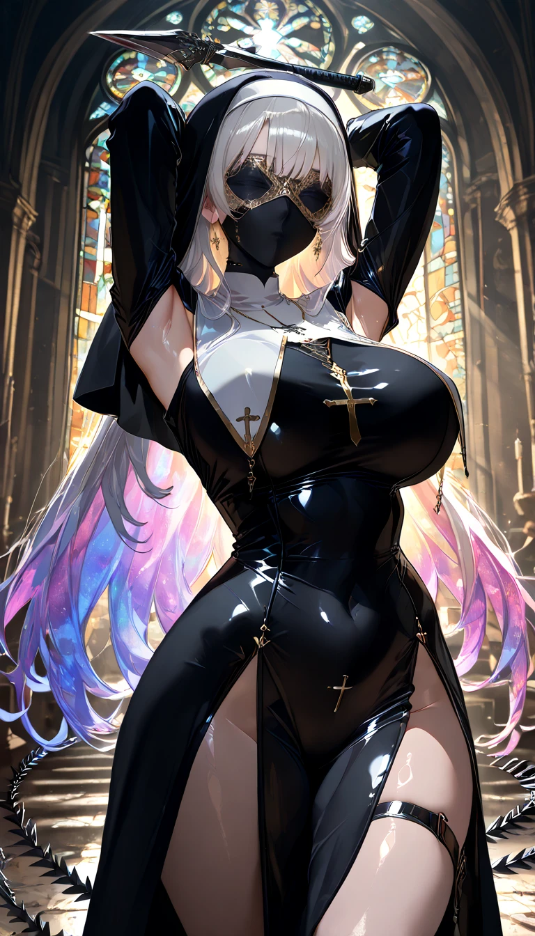 cool beauty, iridescent white shining glossy silky hair, lewd great body proportion, huge breasts, wearing (shiny copper plated colored) smooth tight fit nun priest uniform, blind mask, mouth mask, hold a whip sword and raise it, armpit, abandoned church with cracked stained glass, professional and perfect composition, extremely delicate depiction, extremely clear image, various effects, bold and dynamic, contrasts of light and shadow, 2.5D, artistic photography, hyper realistic, ultra detailed, absolutely resolution, masterpiece