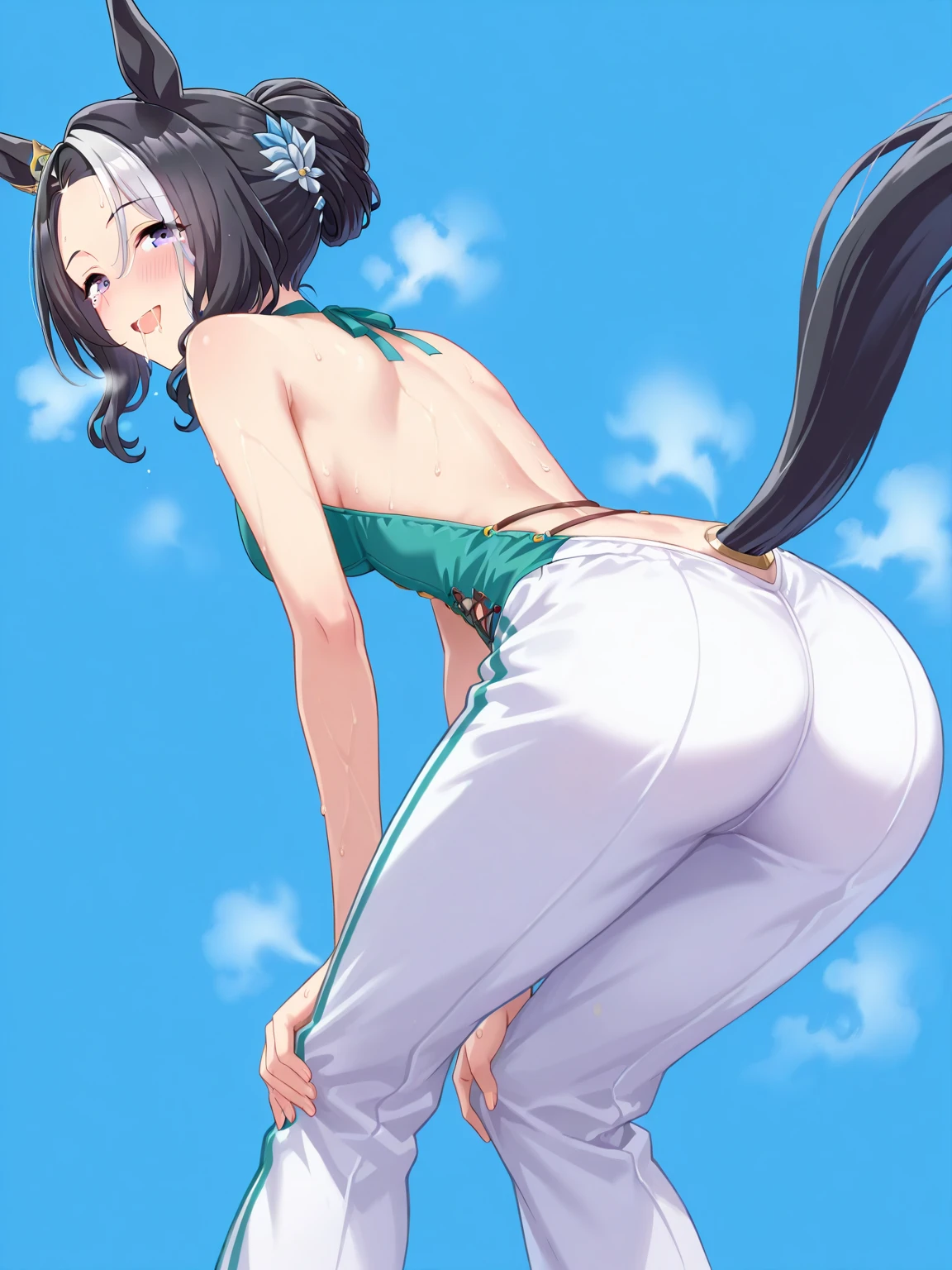 One girl、alone、Long Hair、 View the viewer, skirt, bangs, Twin tails :d, flower, skunk costume, 別れたbangs、Raise your arms、chest、Outdoor、青いskirt、hair ornaments、ローTwin tails、masterpiece、High resolution、highest quality、One girl Solo、Ayaka Kamisato、From the back、Looking into the camera、A light smile、night、Women stink、fart、Shyness、blush、Turn your buttocks towards us