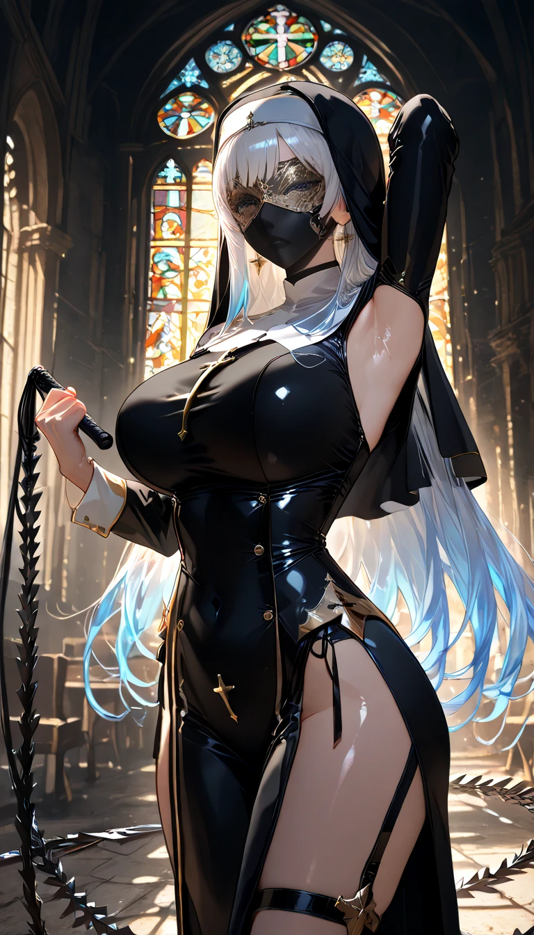 cool beauty, iridescent white shining glossy silky hair, lewd great body proportion, huge breasts, wearing (shiny copper plated colored) smooth tight fit nun priest uniform, blind mask, mouth mask, hold a whip sword and raise it, armpit, abandoned church with cracked stained glass, professional and perfect composition, extremely delicate depiction, extremely clear image, various effects, bold and dynamic, contrasts of light and shadow, 2.5D, artistic photography, hyper realistic, ultra detailed, absolutely resolution, masterpiece