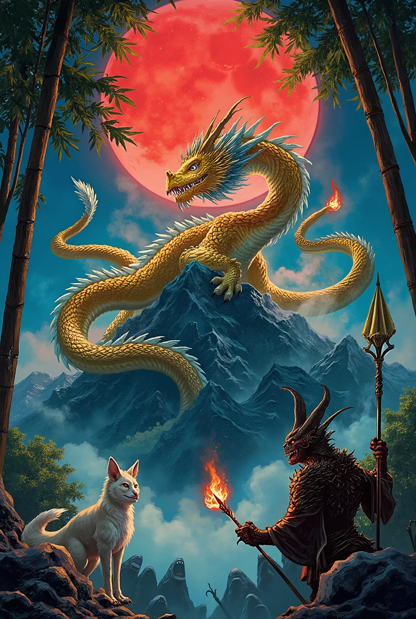 The cover of a Dungeons and Dragons book :
A vibrant illustration that captures the essence of mythical Japan :
in the center, a golden and blue serpentine dragon curled around a misty mountain.
To one side, a kitsune with nine silver tails watching with bright eyes .
on the other side, a yokai oni with a sinister smile , holding a spear engulfed in ghostly flames .
in the background , a bamboo forest under a red moon , with shadows that hint at monstrous figures .