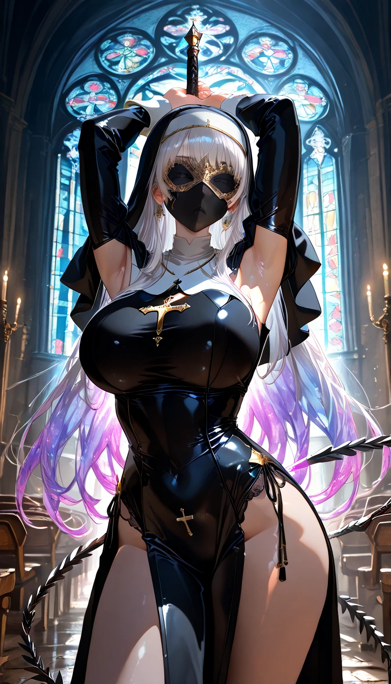 cool beauty, iridescent white shining glossy silky hair, lewd great body proportion, huge breasts, wearing (shiny copper plated colored) smooth tight fit nun priest uniform, blind mask, mouth mask, hold a whip sword and raise it, armpit, abandoned church with cracked stained glass, professional and perfect composition, extremely delicate depiction, extremely clear image, various effects, bold and dynamic, contrasts of light and shadow, 2.5D, artistic photography, hyper realistic, ultra detailed, absolutely resolution, masterpiece