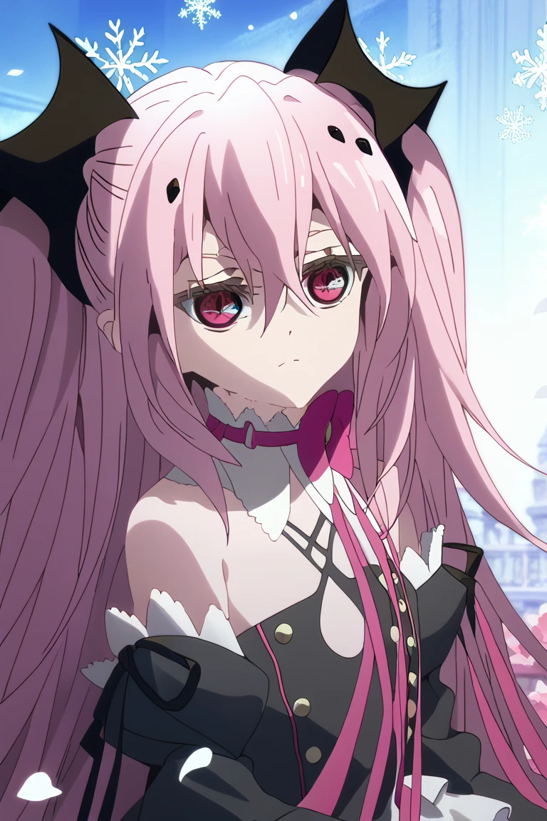 Ultra detailed, Highres, absurdres, Krul Tepes, pink long hair, red expressive eyes, Owari No Seraph, black dress with patterns, petals, extremely beautiful, woman, solo, very detailed eyes and face, snowflakes, closed space