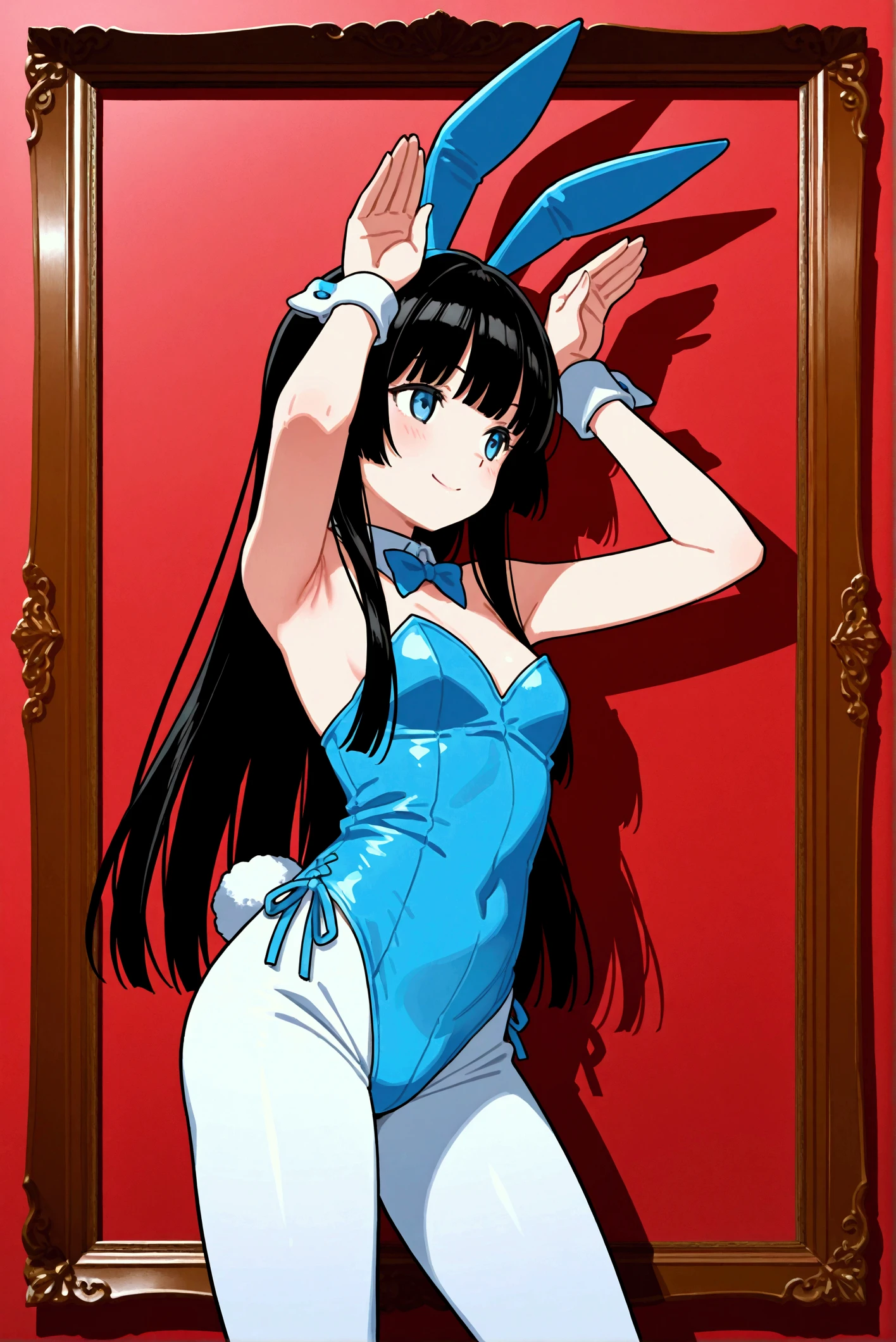 1girl, ultra high res,, large chest, cleavage, playboy bunny girl, bunny ears, black stocking, crossed leg, sitting, 