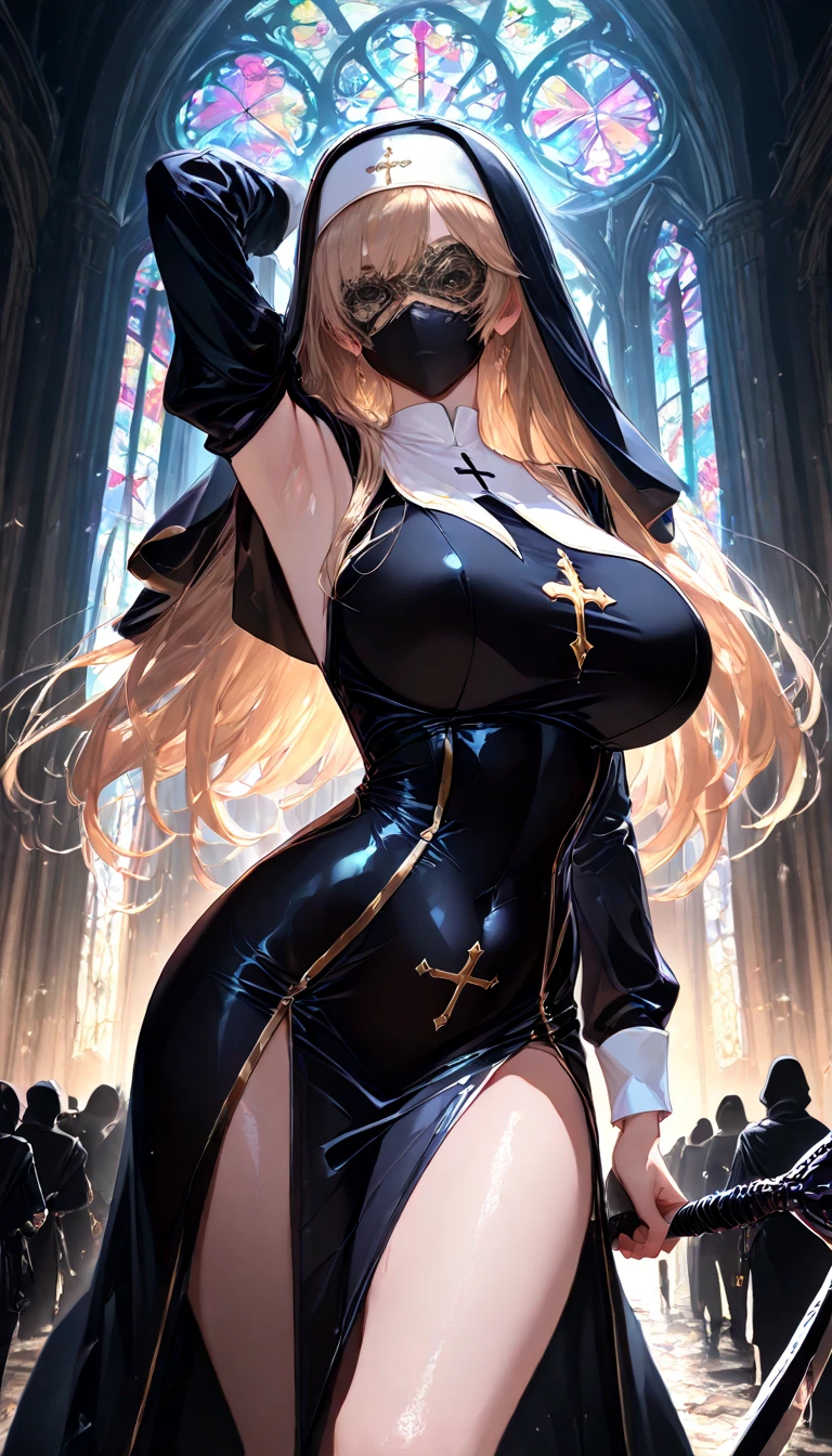 cool beauty, iridescent white shining glossy silky hair, lewd great body proportion, huge breasts, wearing (shiny copper plated colored) smooth tight fit nun priest uniform, blind mask, mouth mask, hold a whip sword and raise it, armpit, abandoned church with cracked stained glass, professional and perfect composition, extremely delicate depiction, extremely clear image, various effects, bold and dynamic, contrasts of light and shadow, 2.5D, artistic photography, hyper realistic, ultra detailed, absolutely resolution, masterpiece