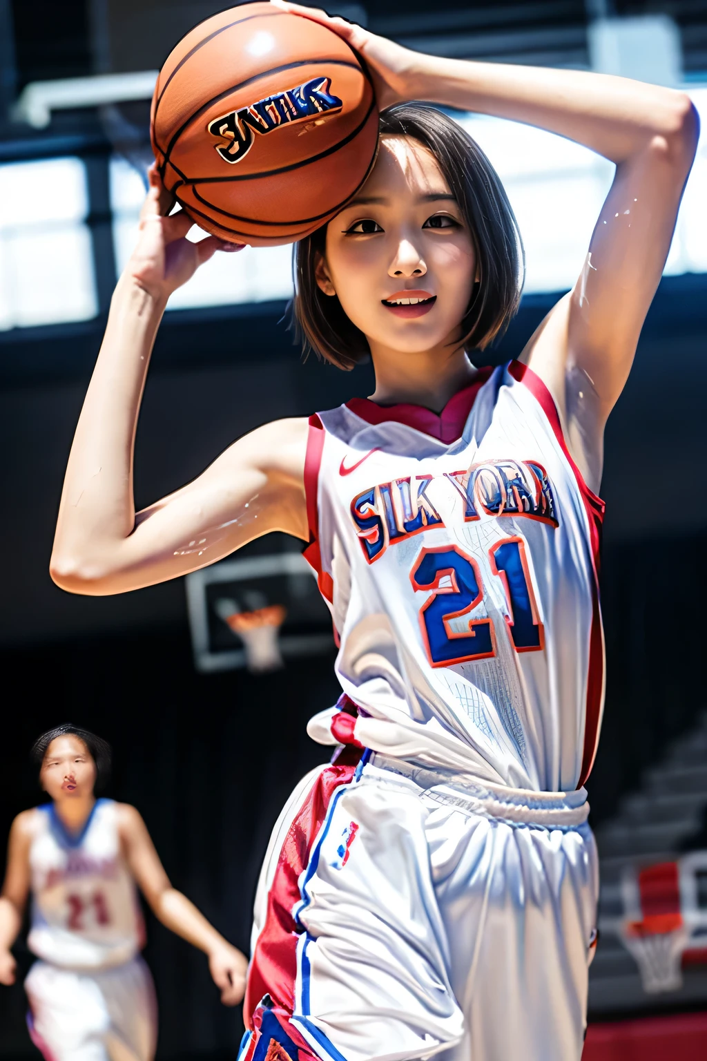 Japanese lady, pale skin, droopy eyes, smile 20 year old, short cut , red basketball_uniform ,exasperated:1.8, high quality:1.3, shoot from below 2.0, Professional lighting:2.0 realistic:1.2, 4k resolution, detailed skin, masterpiece:1.1, at the gymnasium