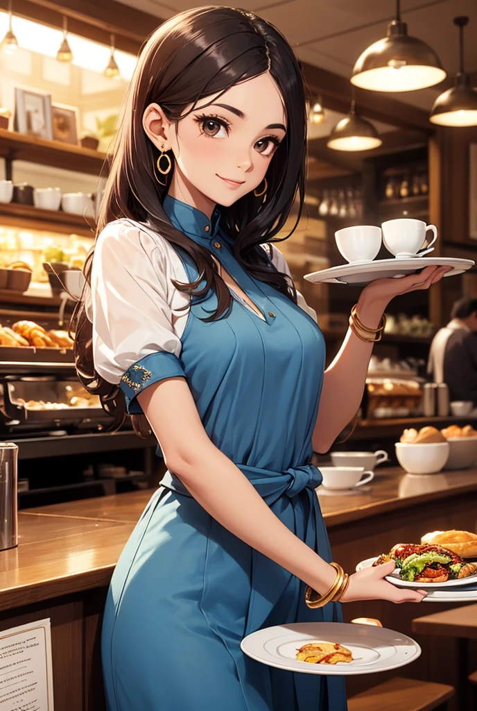 In a cozy, bustling café, an Indian girl stands poised as a waitress, holding a tray gracefully in one hand with a warm, welcoming smile. Her long hair is styled in a neat updo, and she’s dressed in a traditional blue blouse with short sleeves and a knotted front, paired with a matching draped bottom piece featuring an embellished waistband, lending a unique touch to her look. She wears delicate jewelry, including small gold earrings and colorful bangles, and has a small bindi on her forehead, adding a hint of traditional charm to her modern role.

The café is lively, with patrons engaged in quiet conversations and the aroma of fresh coffee in the air. She weaves through the tables effortlessly, ready to serve with grace and warmth, enhancing the inviting atmosphere