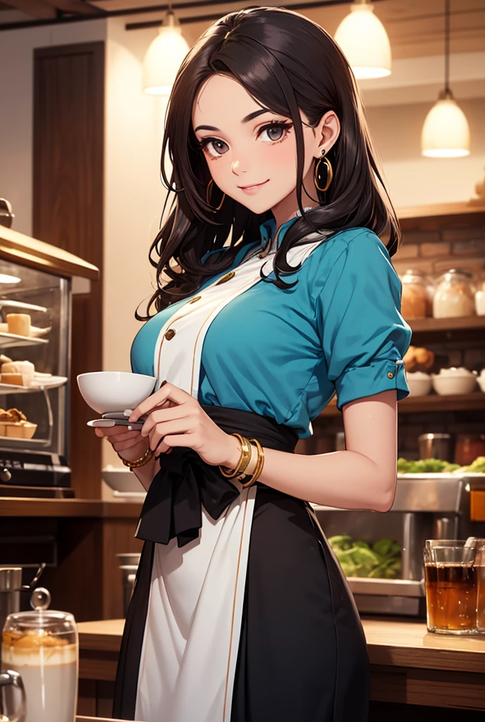 In a cozy, bustling café, an Indian girl stands poised as a waitress, holding a tray gracefully in one hand with a warm, welcoming smile. Her long hair is styled in a neat updo, and she’s dressed in a traditional blue blouse with short sleeves and a knotted front, paired with a matching draped bottom piece featuring an embellished waistband, lending a unique touch to her look. She wears delicate jewelry, including small gold earrings and colorful bangles, and has a small bindi on her forehead, adding a hint of traditional charm to her modern role.

The café is lively, with patrons engaged in quiet conversations and the aroma of fresh coffee in the air. She weaves through the tables effortlessly, ready to serve with grace and warmth, enhancing the inviting atmosphere