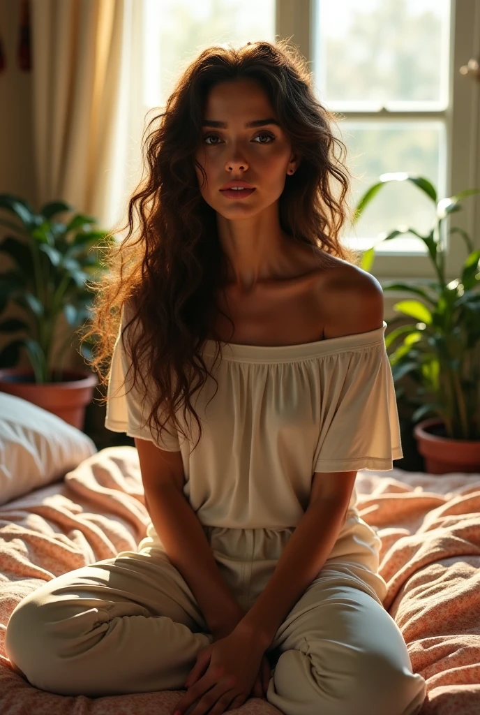 (photorealism:1.2), beautiful woman, sitting on bed, wearing loose off-shoulder top, pajama pants, long curly hair, indoors, soft lighting, plants in background, window with sunlight, cozy room, relaxed pose, realistic, intricate details, warm colors, by Greg Rutkowski, by Alphonse Mucha